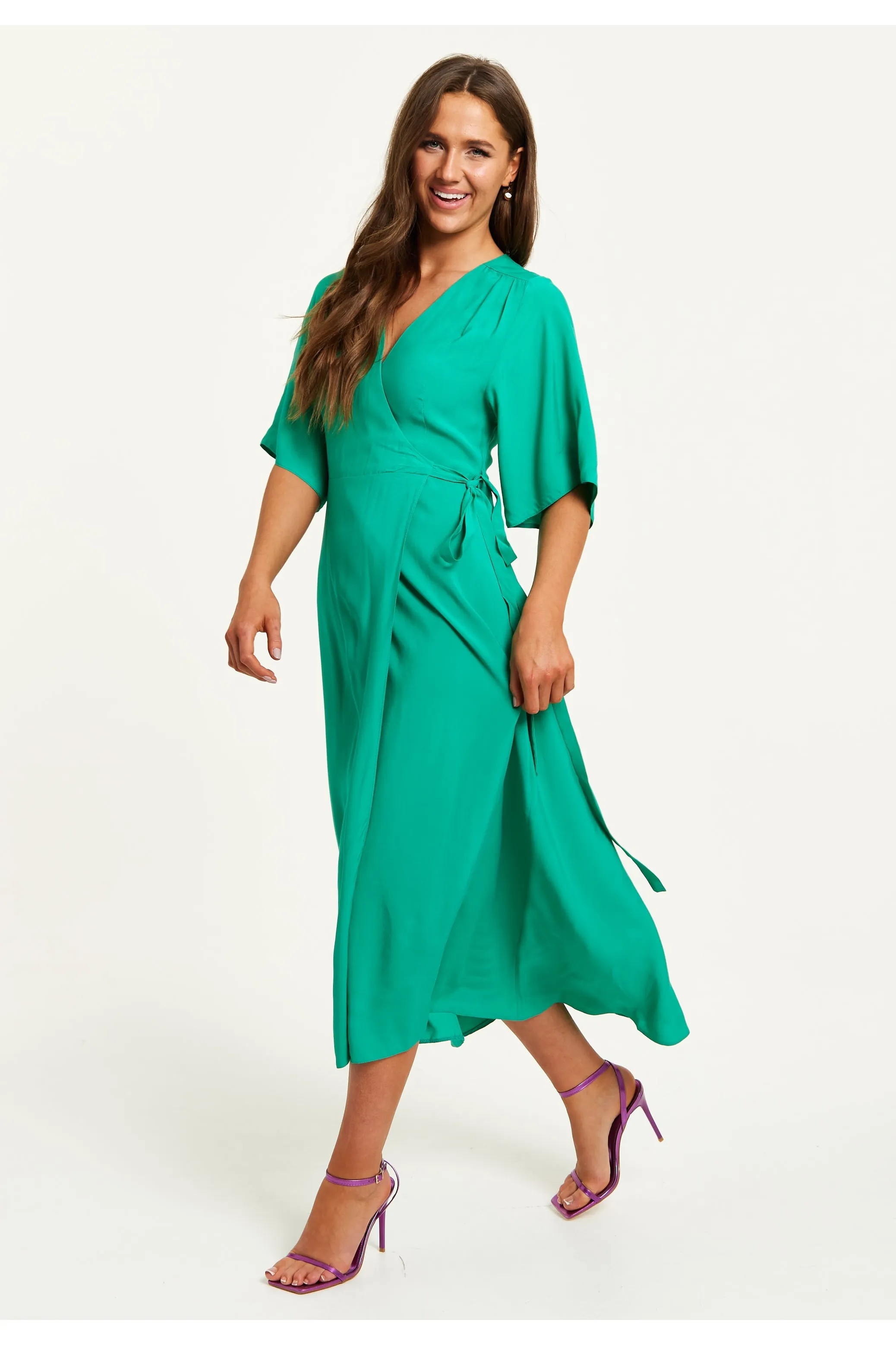 Green Maxi Wrap Dress With Kimono Sleeves by Liquorish sold by Goddiva product image thumbnail 2