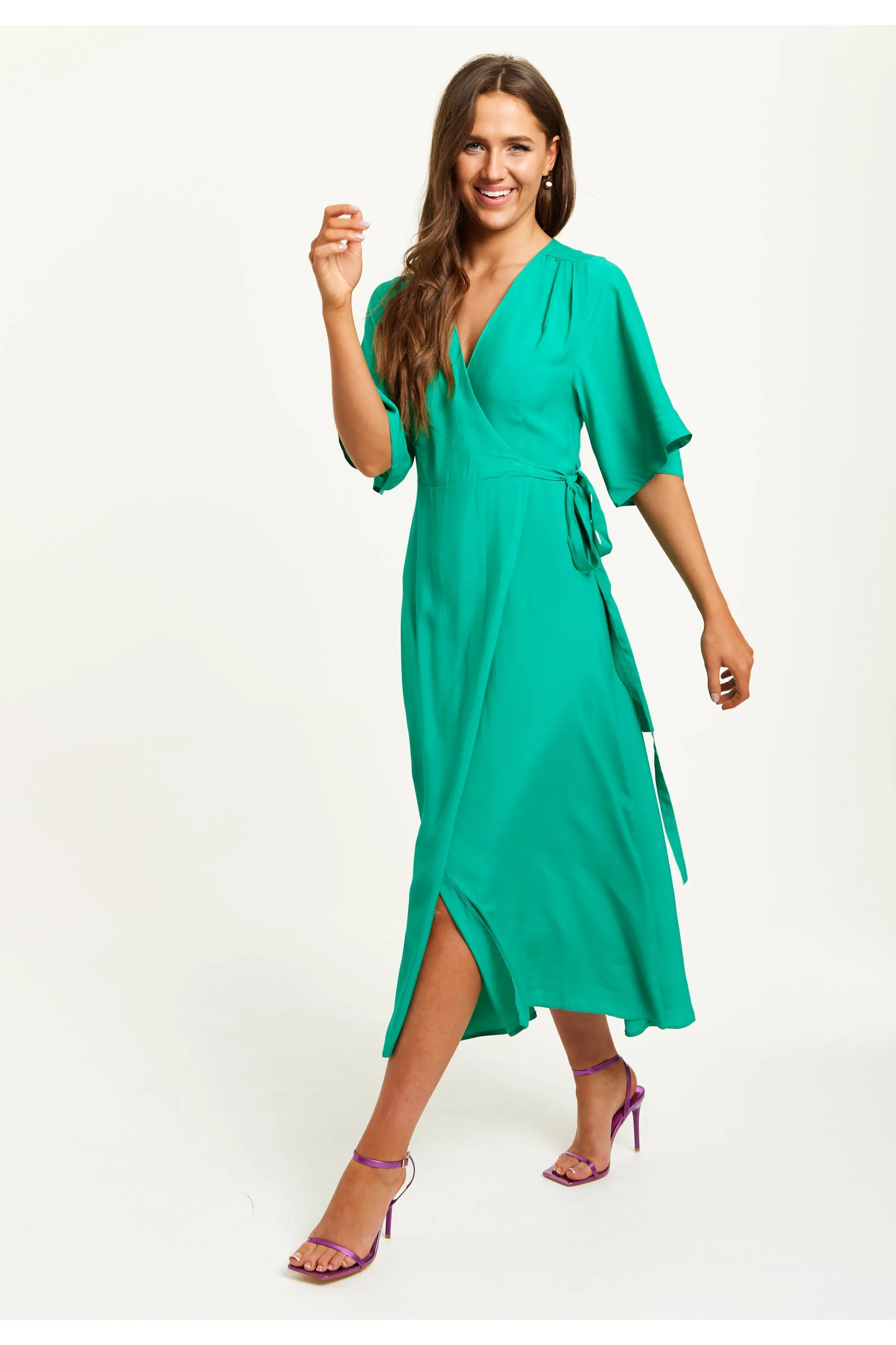 Green Maxi Wrap Dress With Kimono Sleeves by Liquorish sold by Goddiva