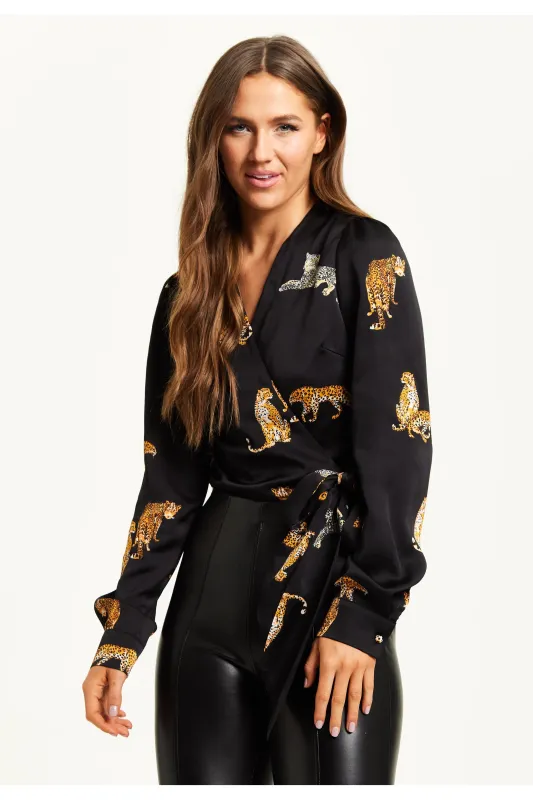 Tiger Print Wrap Top With Long Sleeves by Liquorish sold by Goddiva