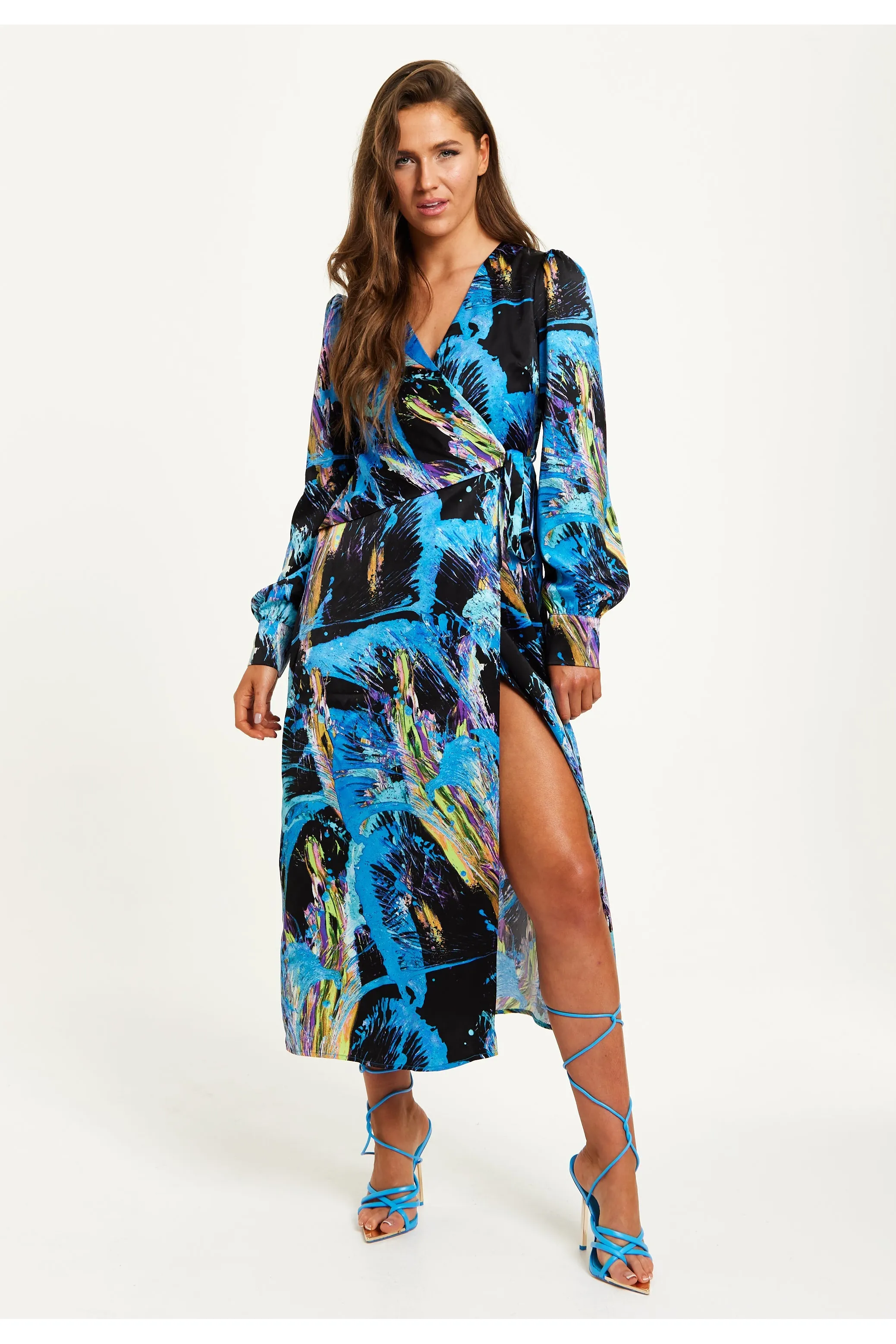 Multicolour Abstract Print Midi Wrap Dress by Liquorish sold by Goddiva
