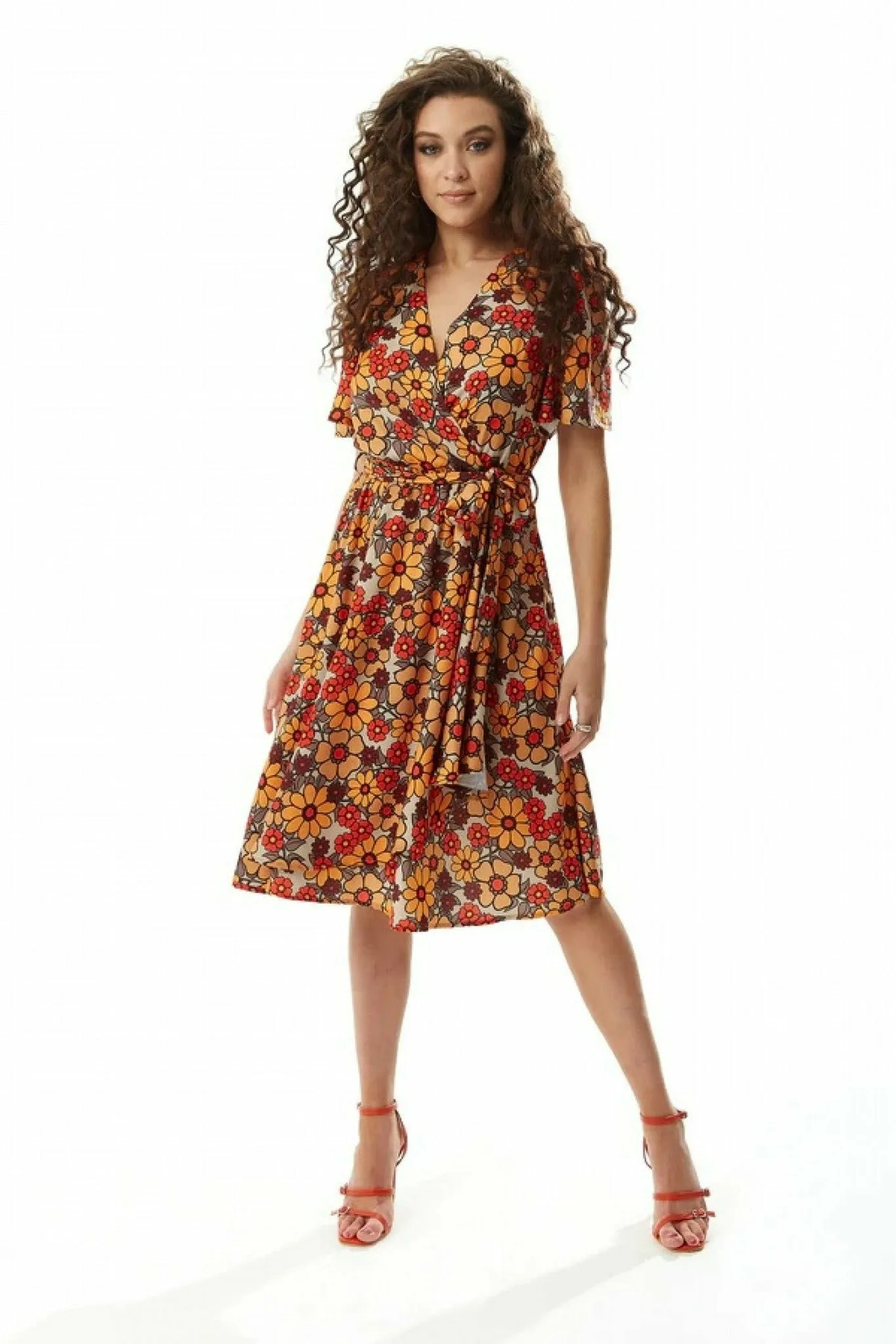 Liquorish Liquorish Floral Print Midi Wrap Dress In Orange And Red sold by Goddiva