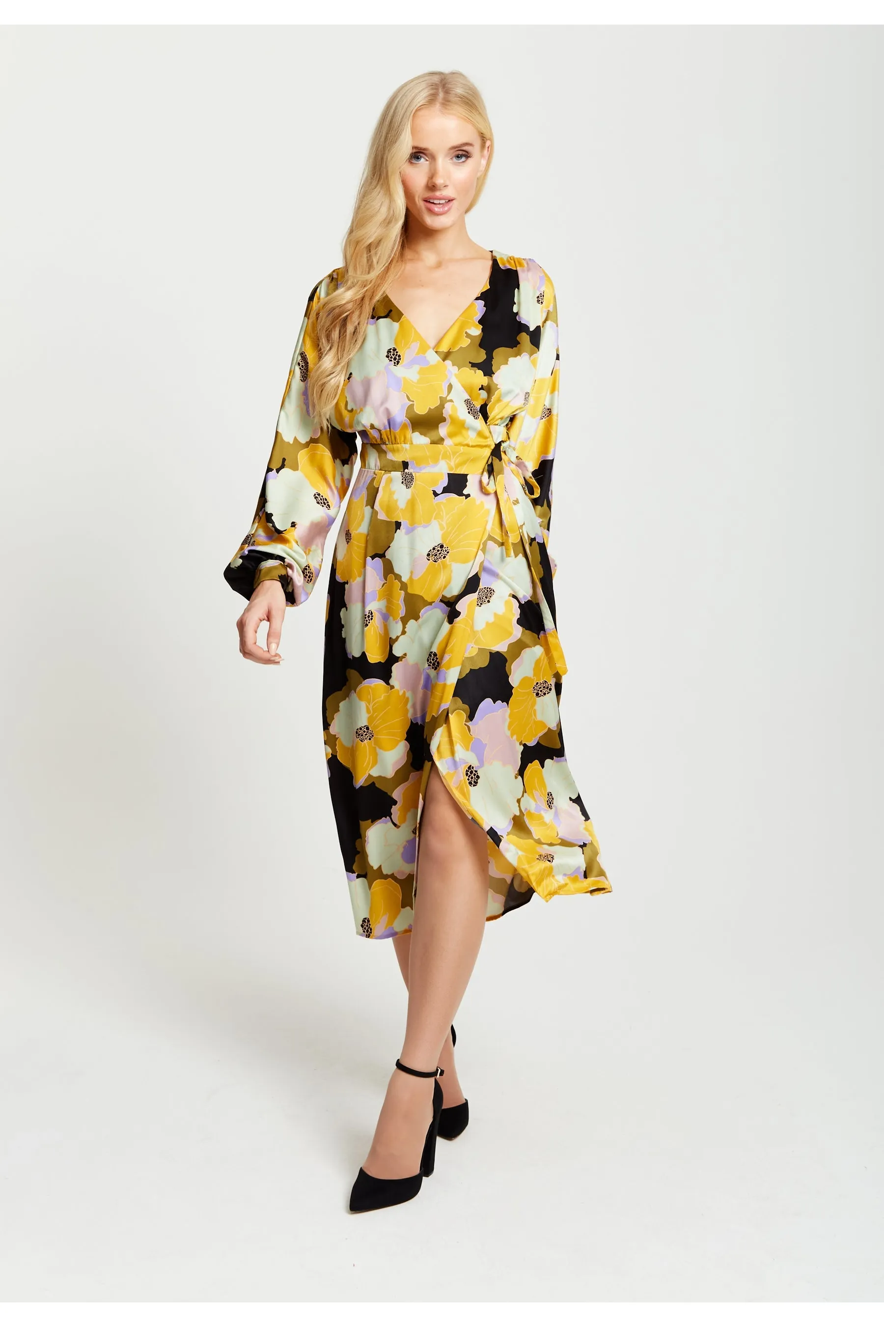 Liquorish Earth Tone Floral Print Midi Wrap Dress sold by Goddiva