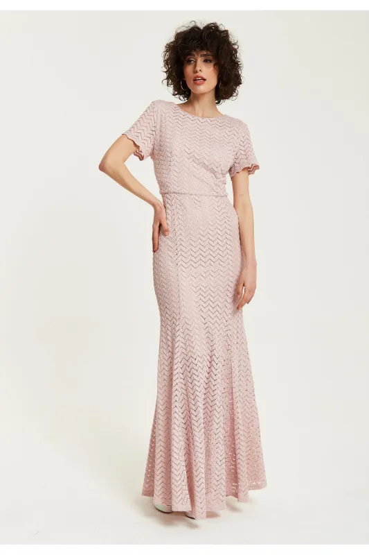 Light Pink Lace Maxi Dress With Open Back Detail by Liquorish sold by Goddiva