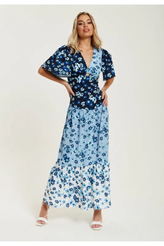 Floral Print Midi Dress In Blue Navy And White by Liquorish sold by Goddiva