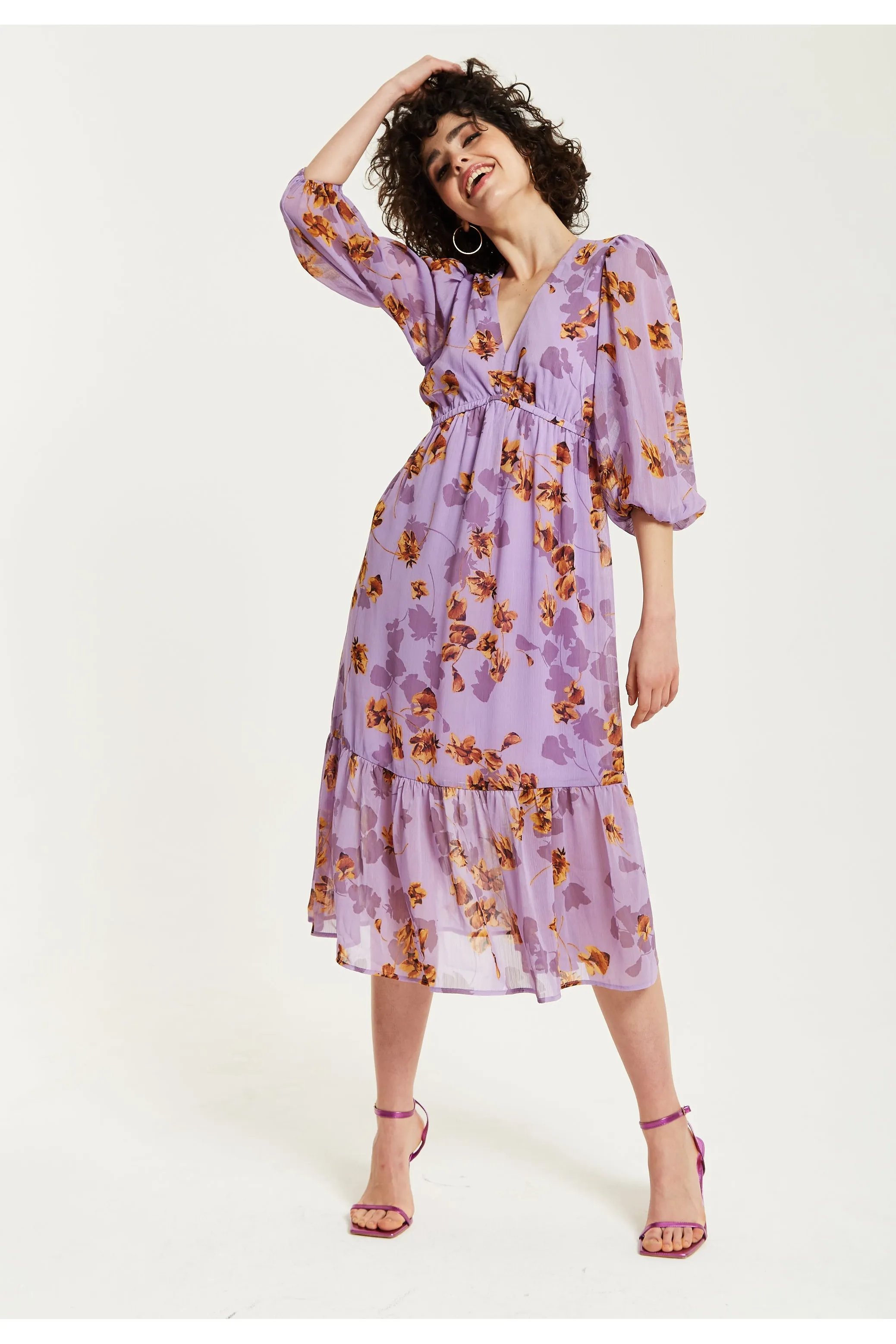 Purple Floral V-neck Midi Dress by Liquorish sold by Goddiva product image thumbnail 3