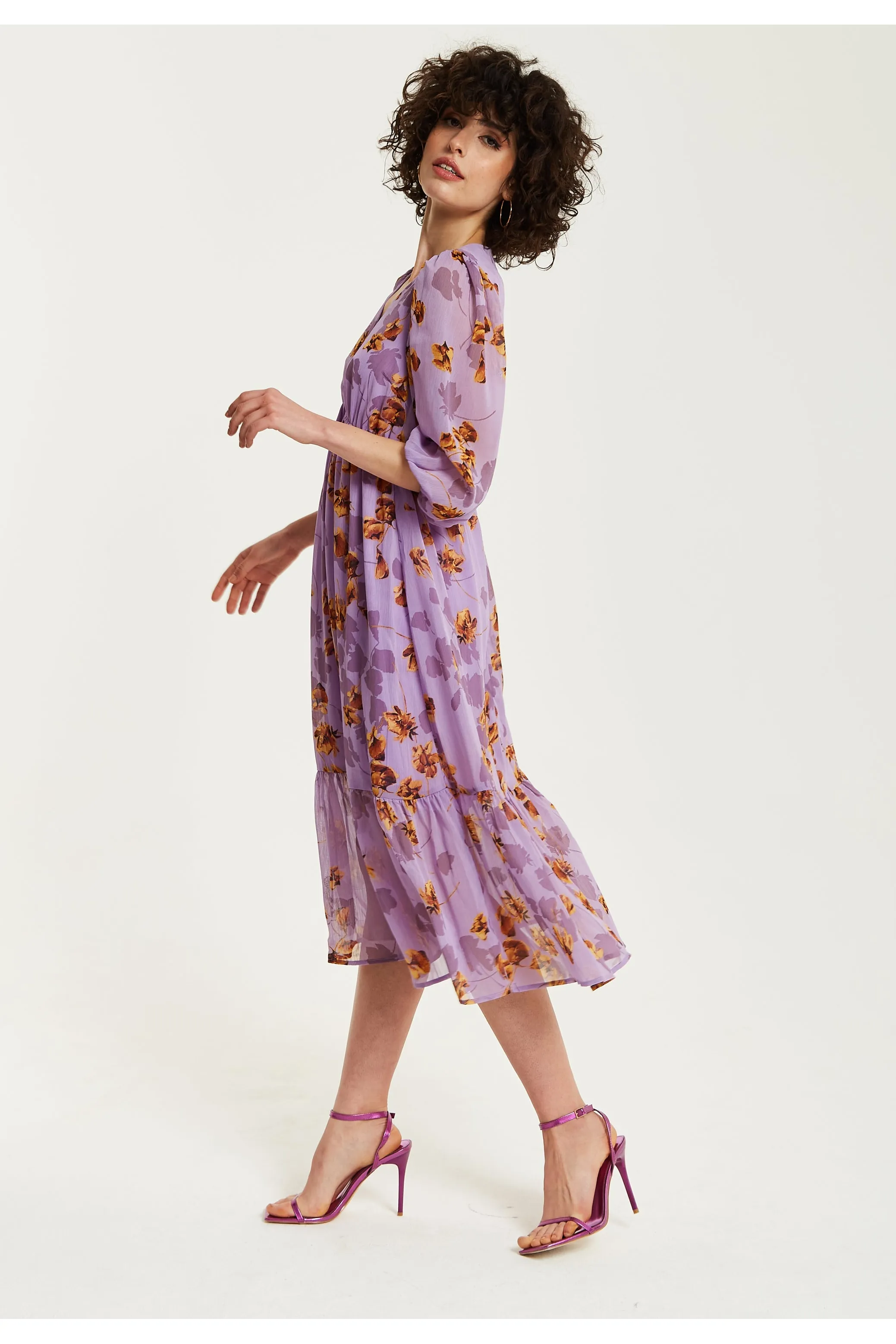 Purple Floral V-neck Midi Dress by Liquorish sold by Goddiva product image thumbnail 4