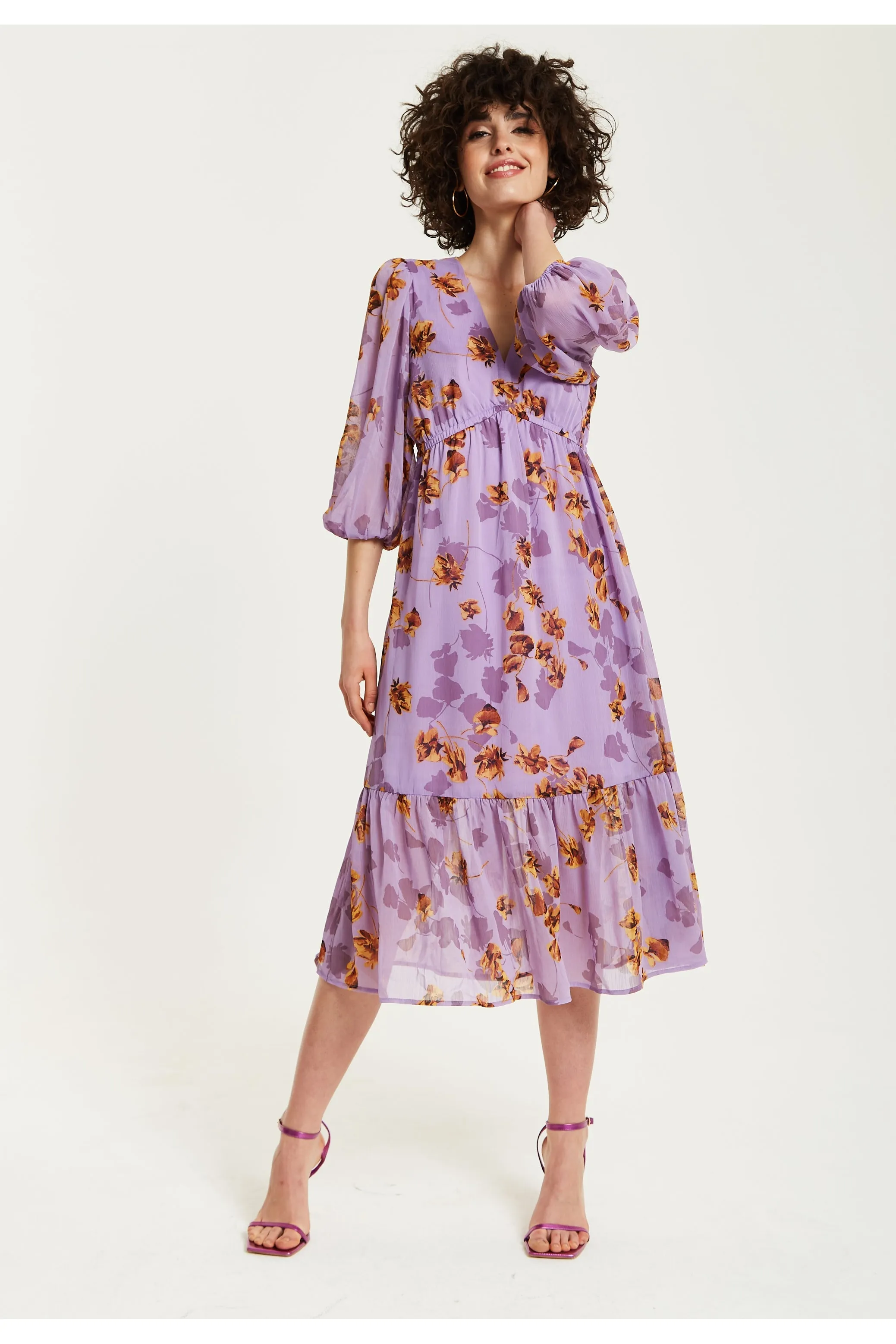 Purple Floral V-neck Midi Dress by Liquorish sold by Goddiva