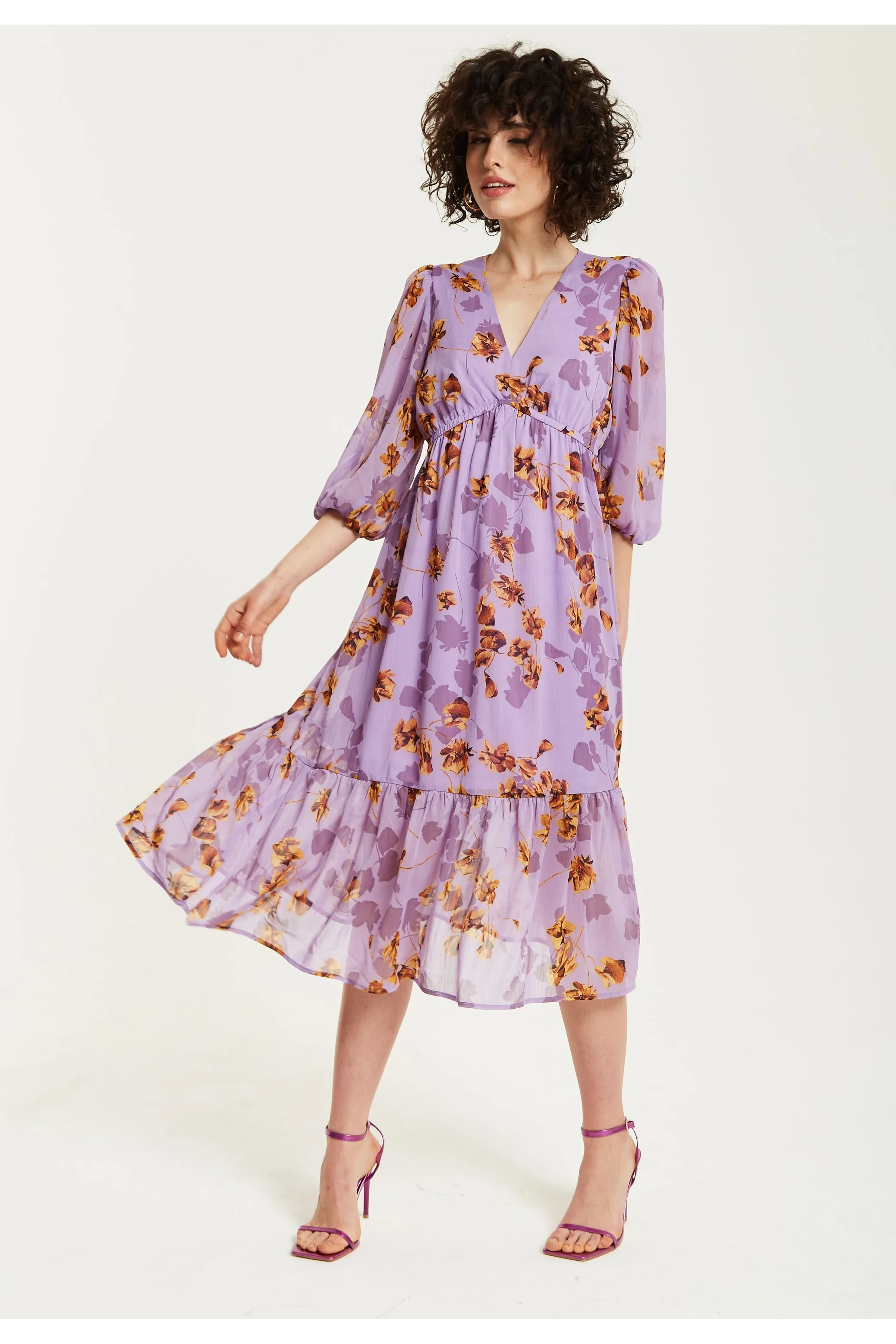 Purple Floral V-neck Midi Dress by Liquorish sold by Goddiva product image thumbnail 2