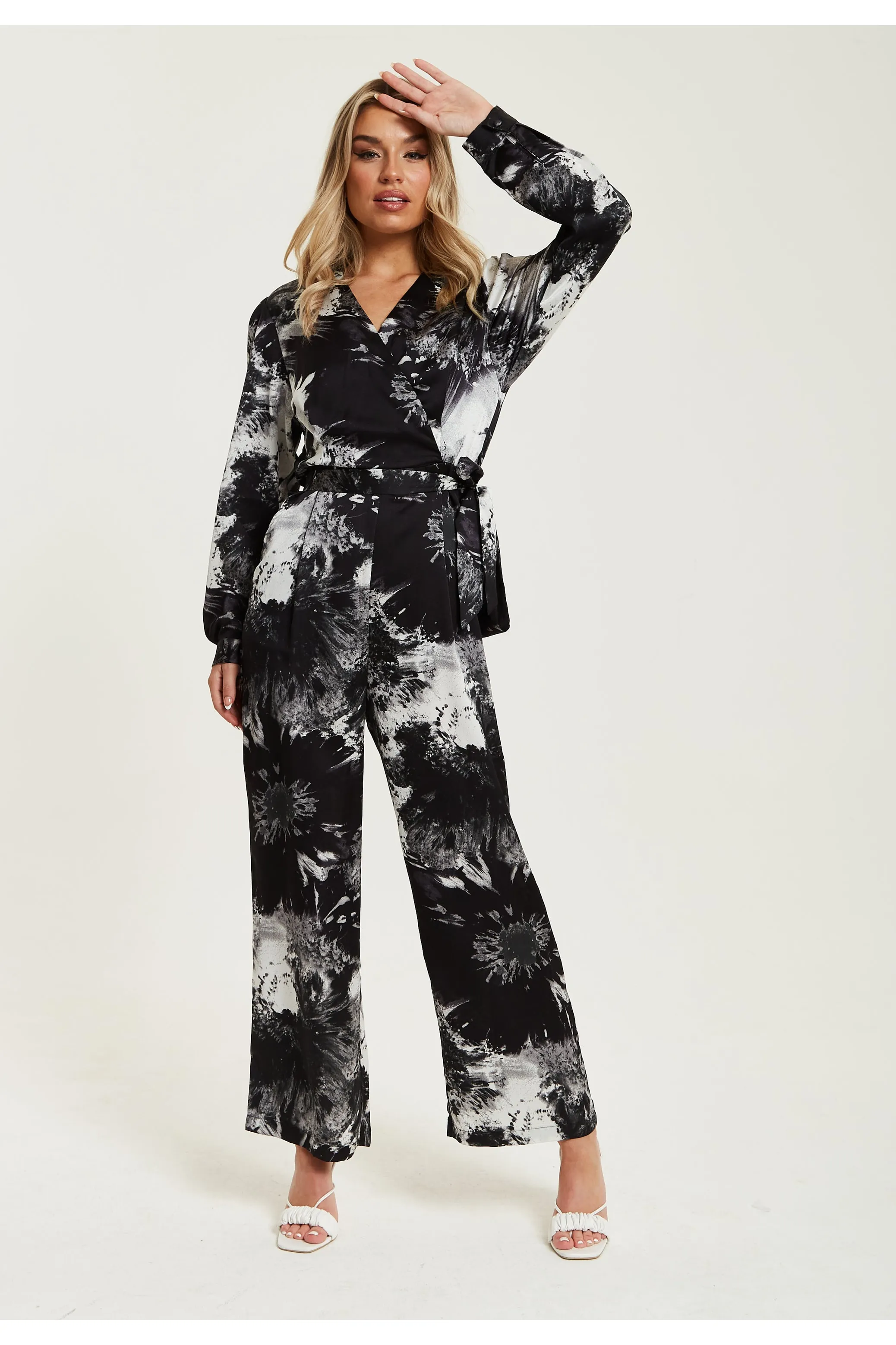 Mono Abstract Print Jumpsuit With Long Sleeves by Liquorish sold by Goddiva product image thumbnail 3