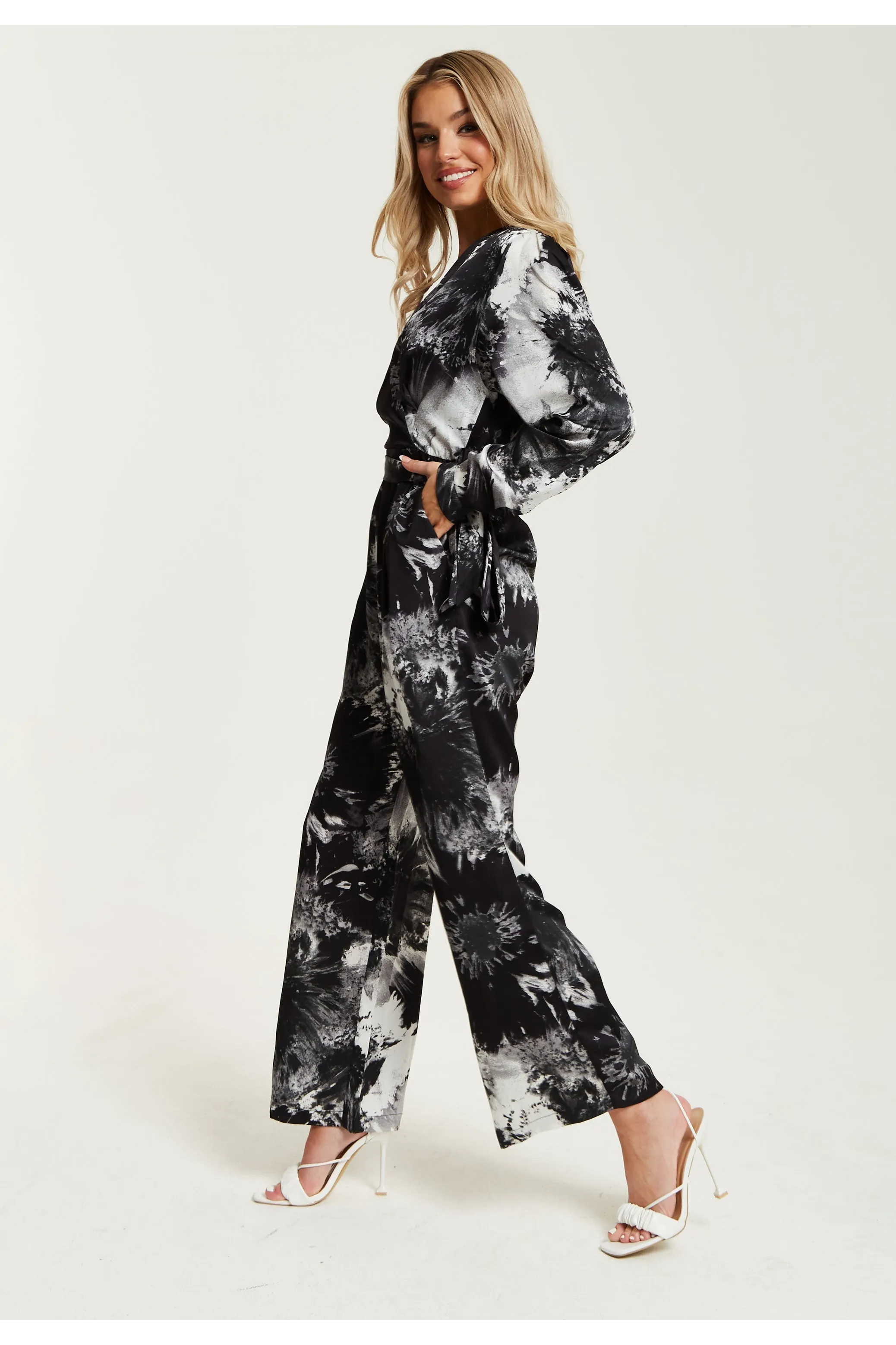Mono Abstract Print Jumpsuit With Long Sleeves by Liquorish sold by Goddiva product image thumbnail 4