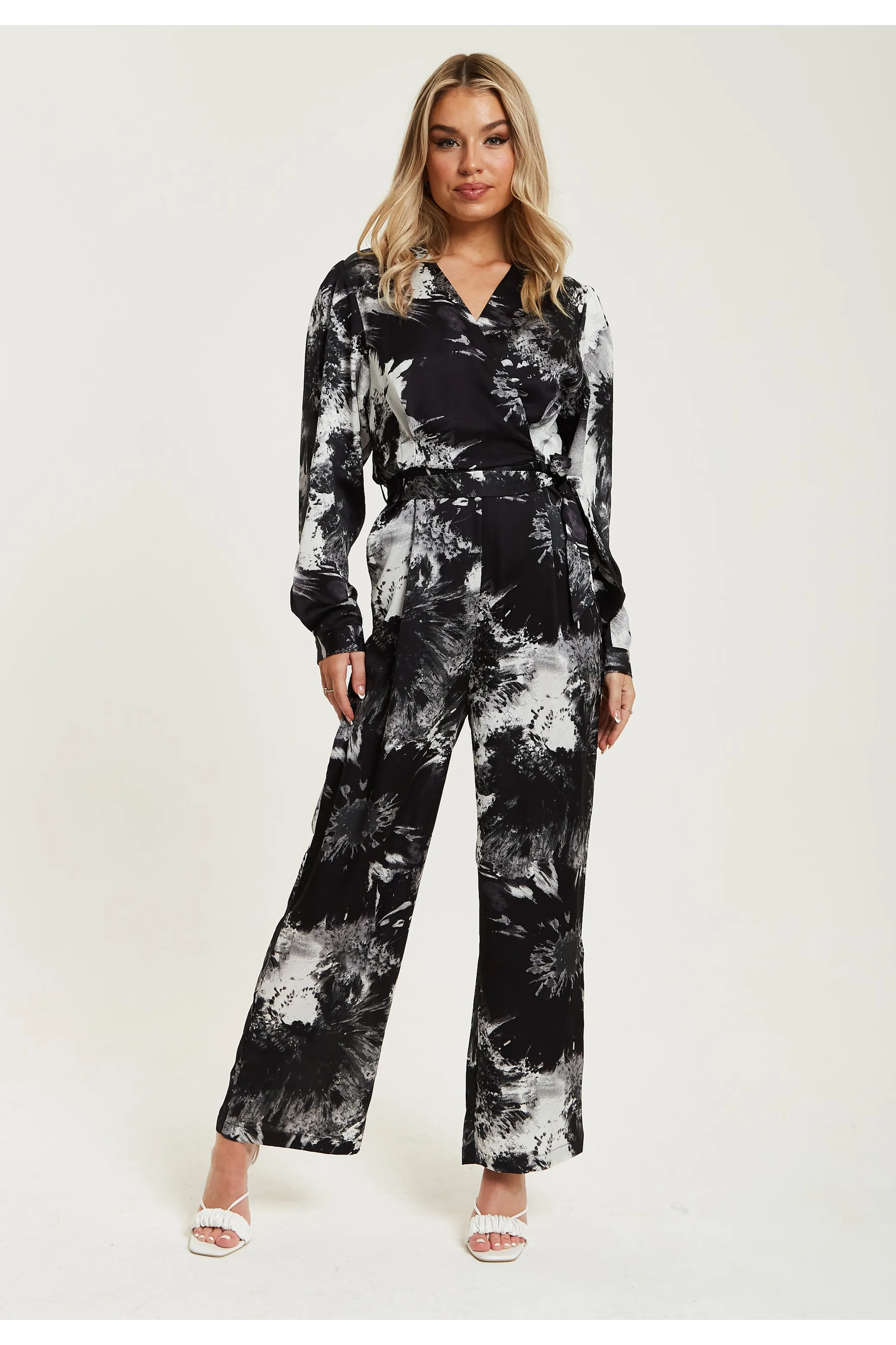 Mono Abstract Print Jumpsuit With Long Sleeves by Liquorish sold by Goddiva