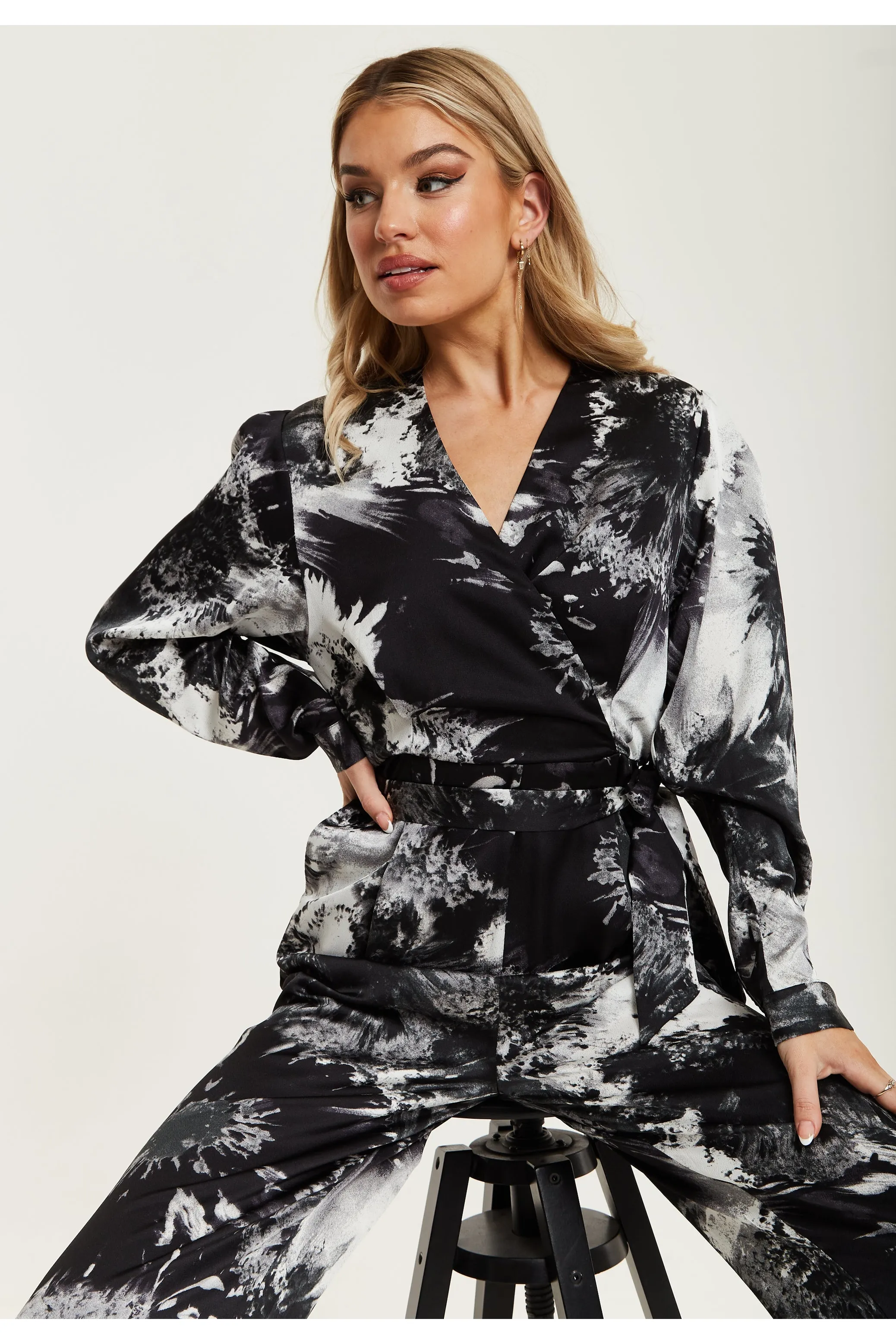 Mono Abstract Print Jumpsuit With Long Sleeves by Liquorish sold by Goddiva product image thumbnail 5