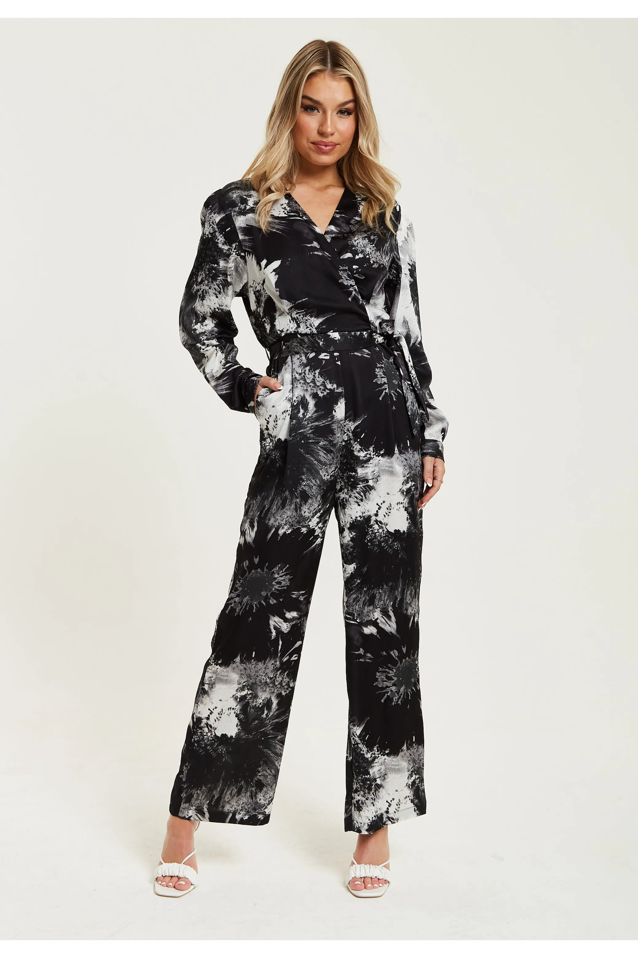 Mono Abstract Print Jumpsuit With Long Sleeves by Liquorish sold by Goddiva product image thumbnail 2