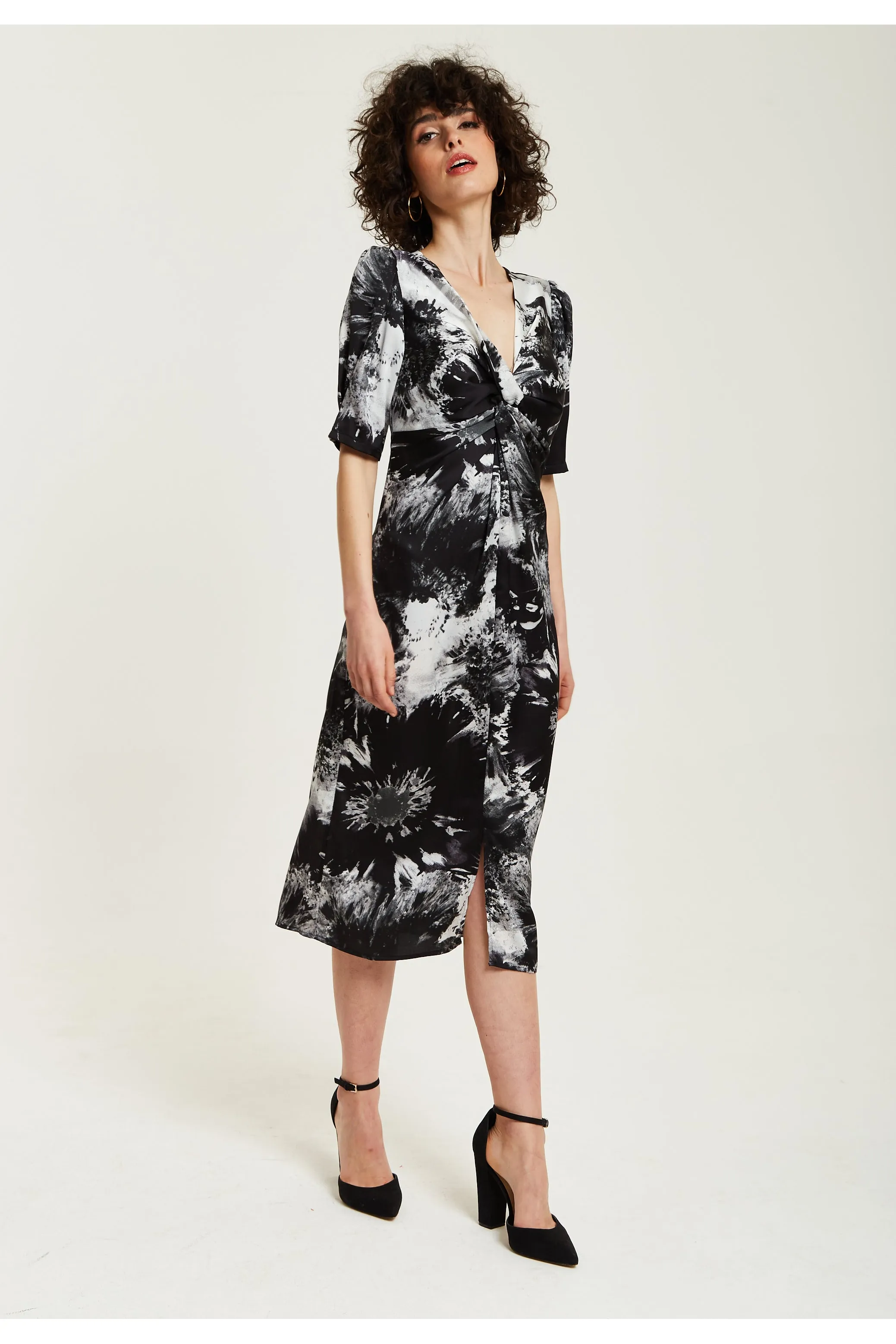 Mono Abstract Print Knot Front Midi Dress by Liquorish sold by Goddiva product image thumbnail 2