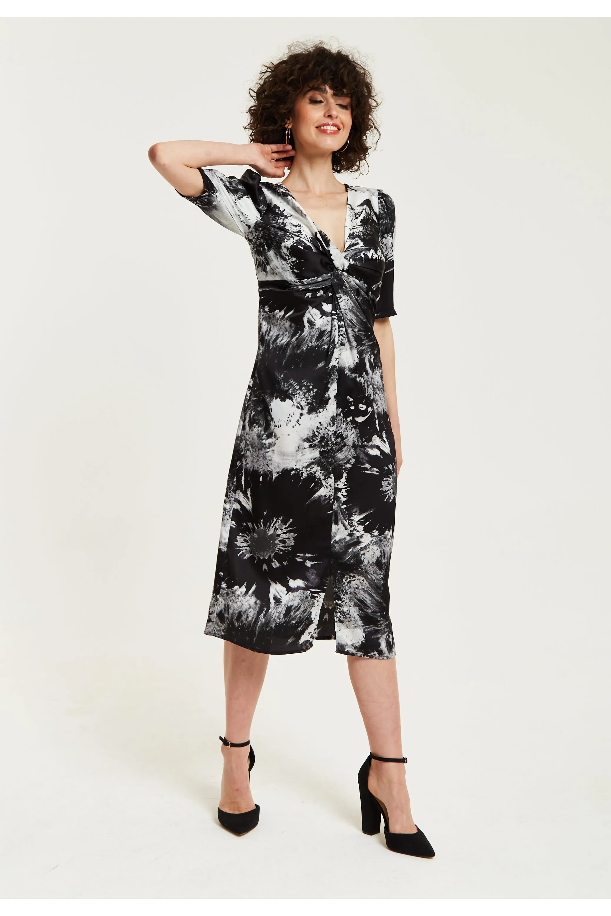 Mono Abstract Print Knot Front Midi Dress by Liquorish sold by Goddiva product image thumbnail 3