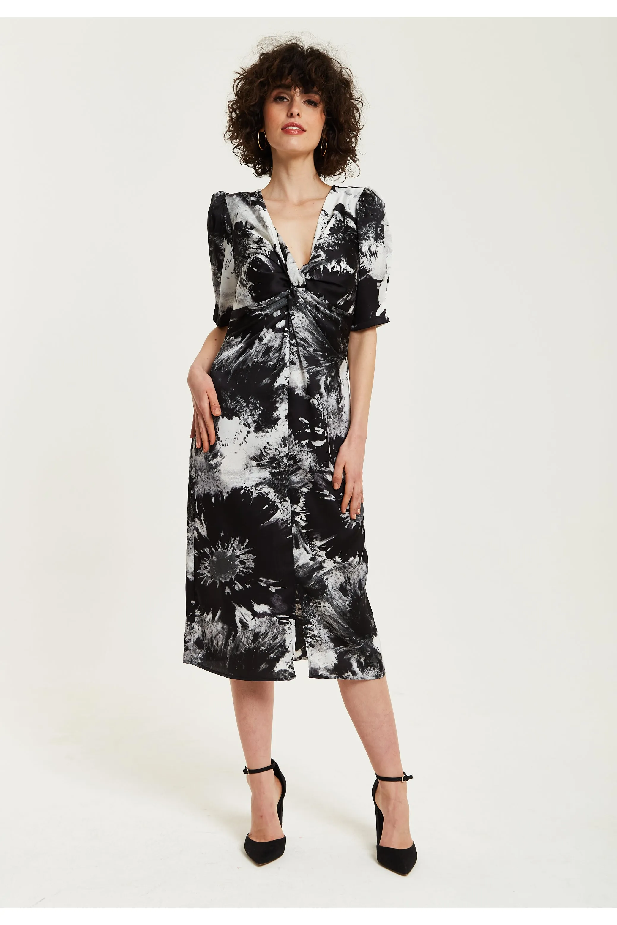 Mono Abstract Print Knot Front Midi Dress by Liquorish sold by Goddiva