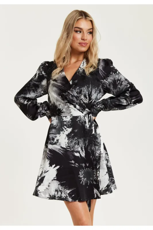 Mono Abstract Print Mini Wrap Dress by Liquorish sold by Goddiva