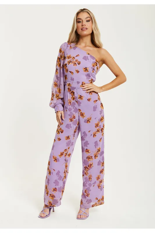 Purple Floral Asymmetrical Jumpsuit by Liquorish sold by Goddiva