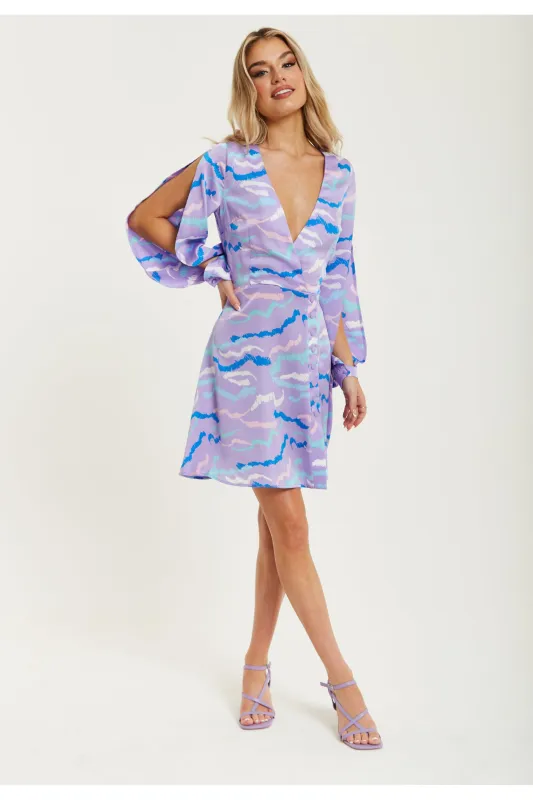 Liquorish Abstract Zebra Print Mini Dress Slit Sleeves sold by Goddiva