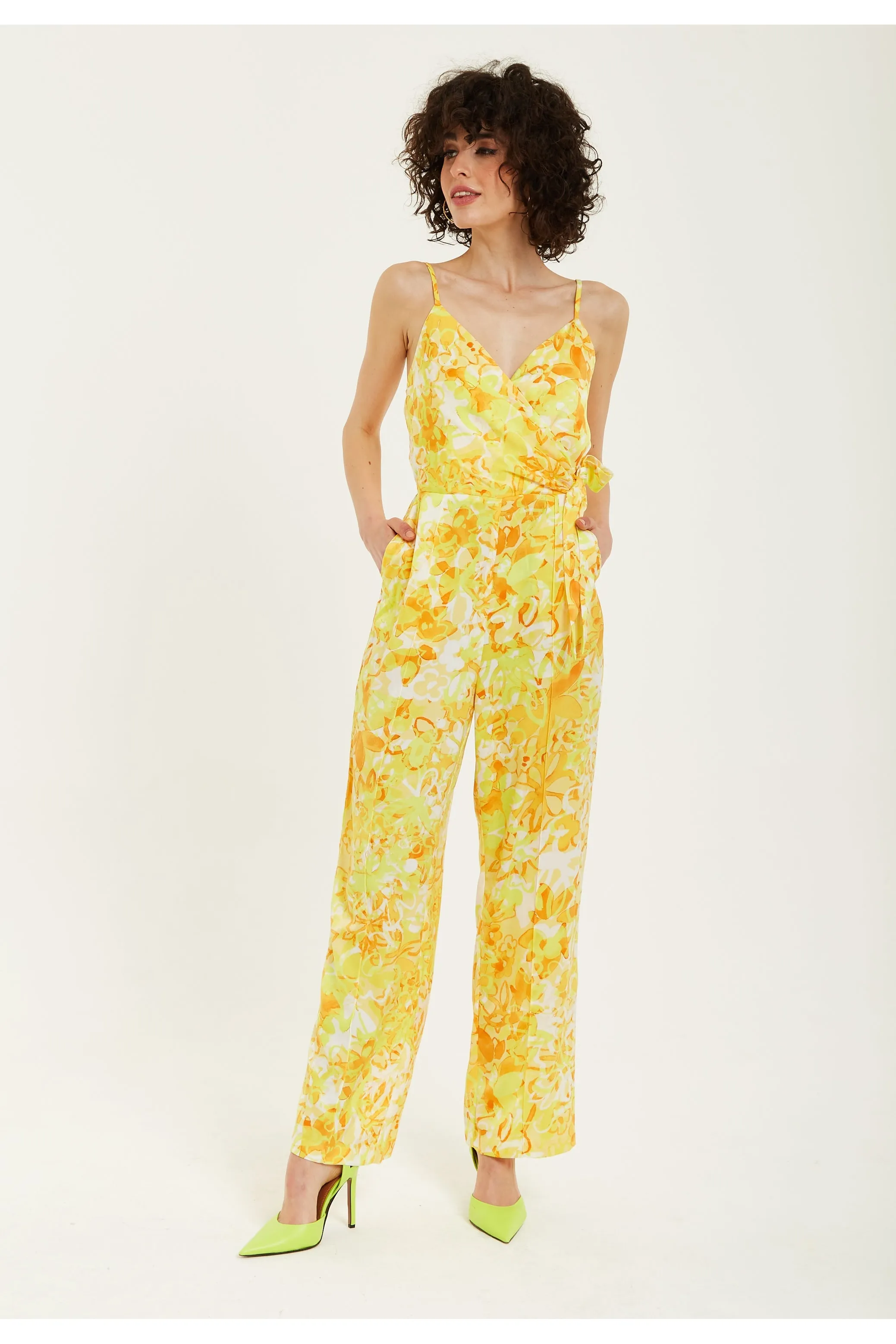Liquorish Yellow And Orange Floral Print V-neck Jumpsuit sold by Goddiva