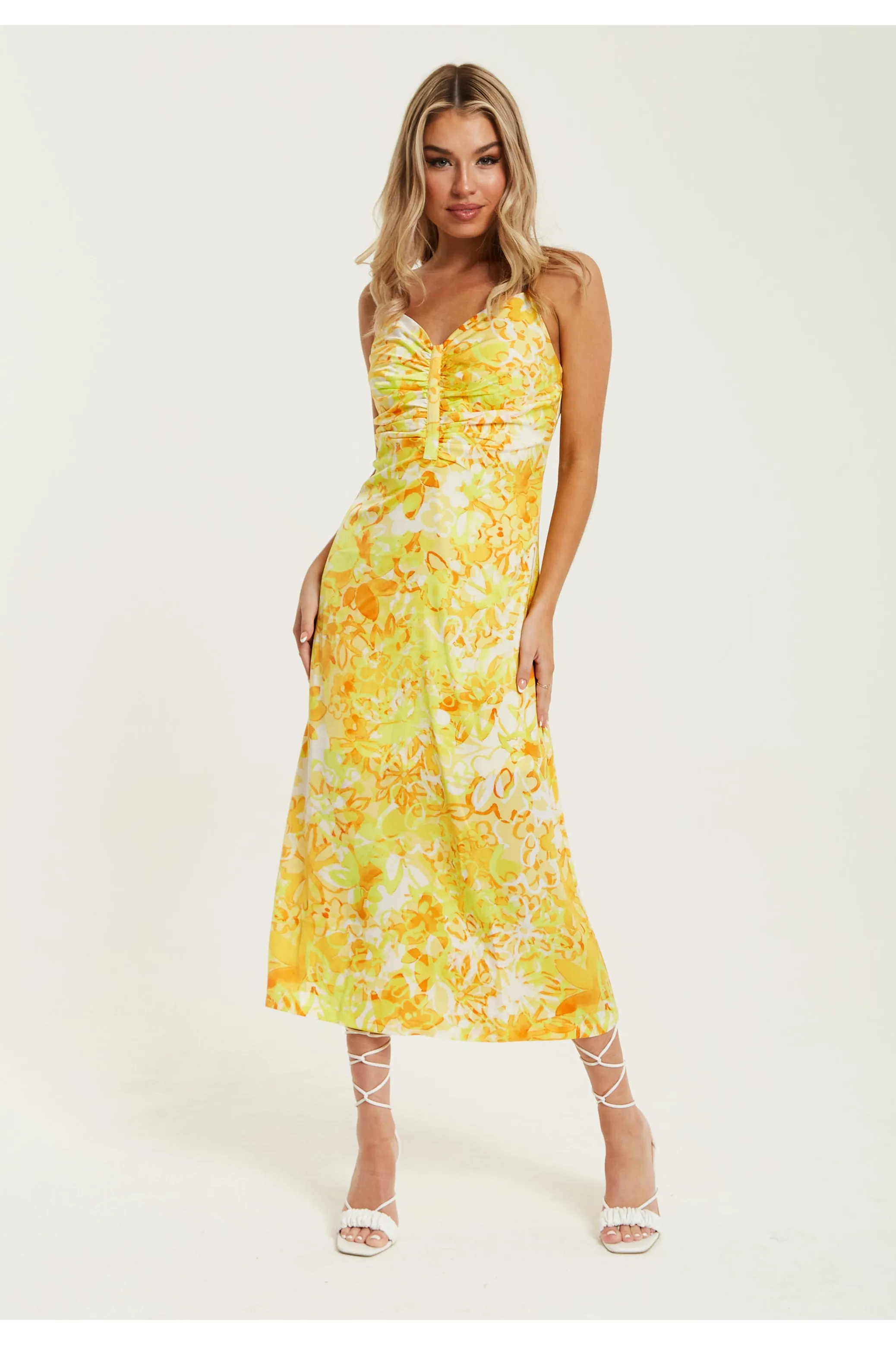 Yellow And Orange Floral Print Ruched Maxi Dress by Liquorish sold by Goddiva product image thumbnail 3
