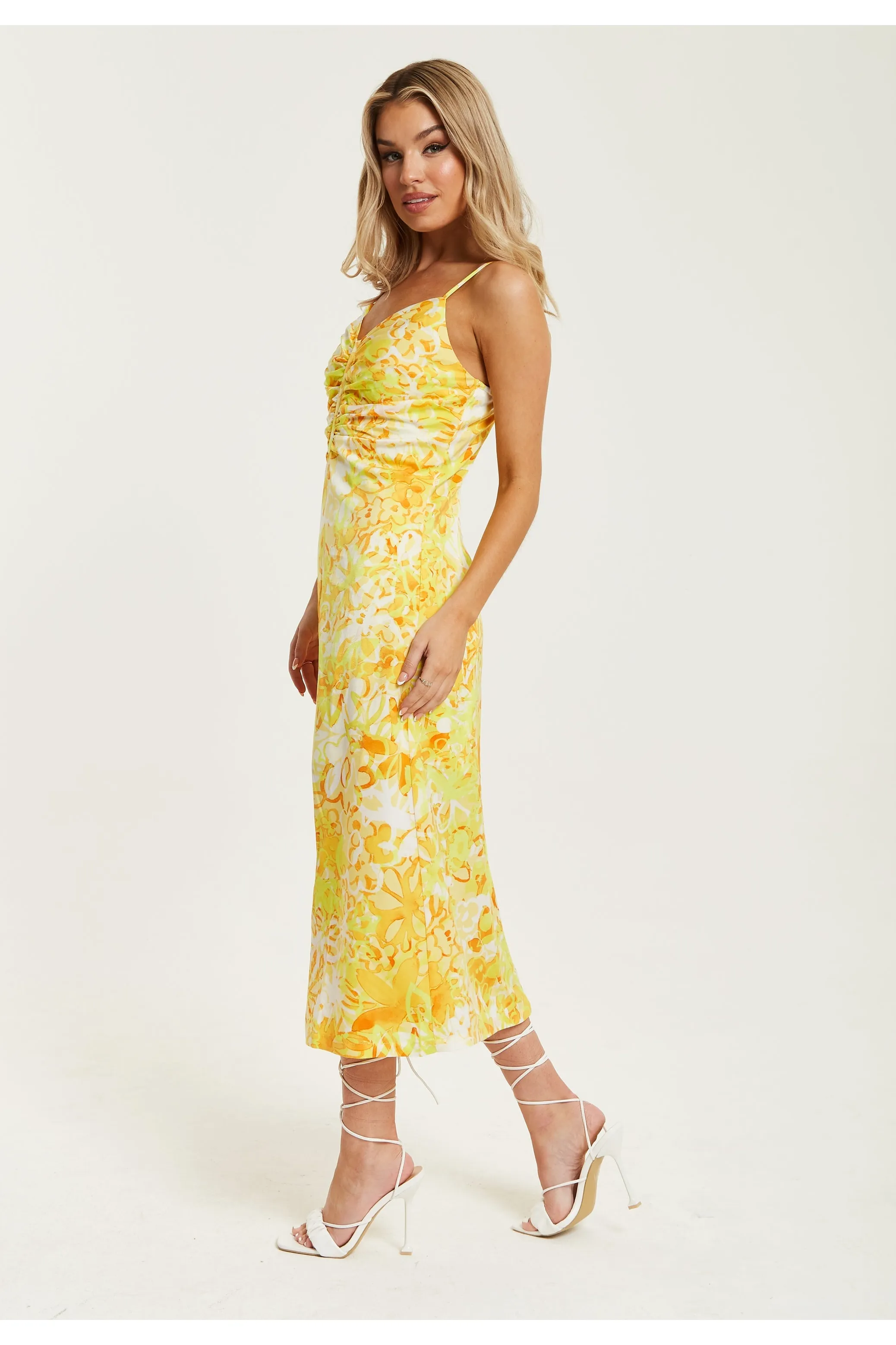 Yellow And Orange Floral Print Ruched Maxi Dress by Liquorish sold by Goddiva product image thumbnail 4