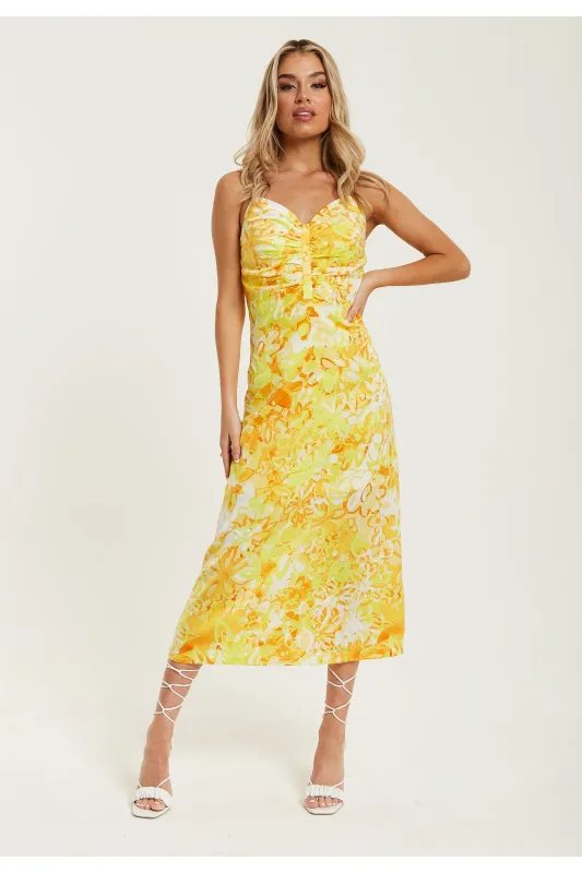 Yellow And Orange Floral Print Ruched Maxi Dress by Liquorish sold by Goddiva