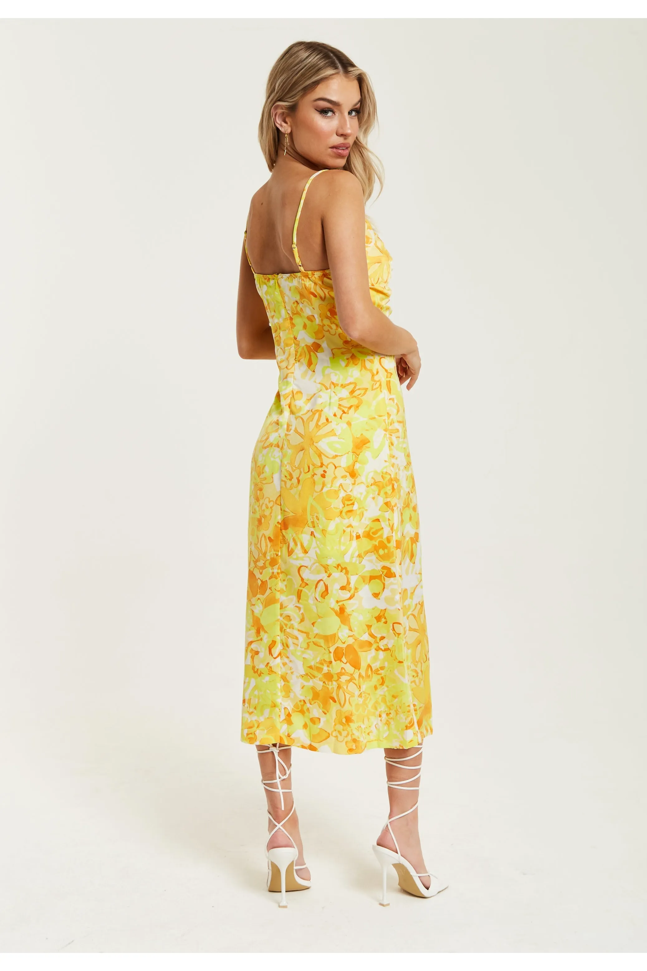 Yellow And Orange Floral Print Ruched Maxi Dress by Liquorish sold by Goddiva product image thumbnail 5