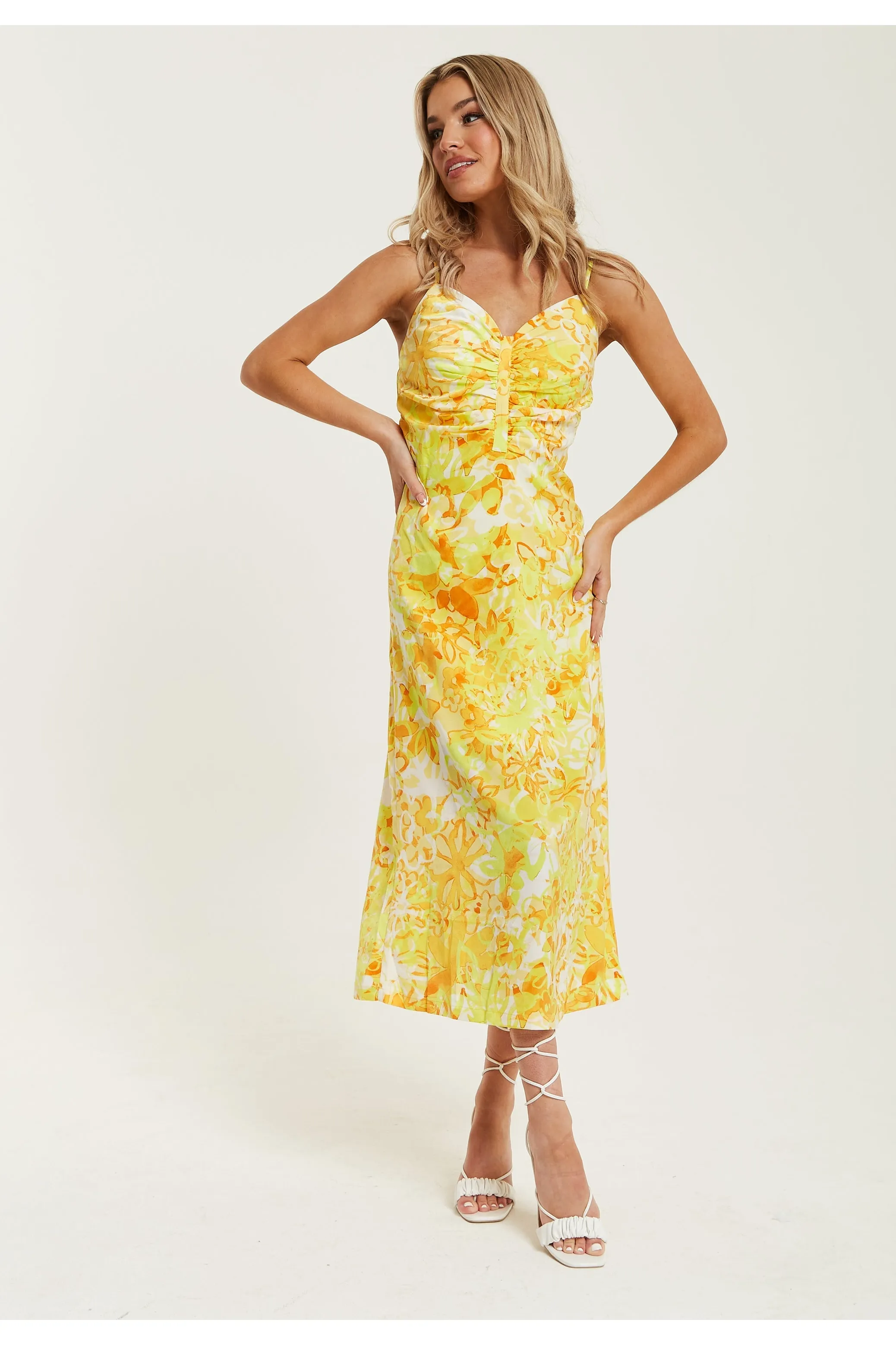Yellow And Orange Floral Print Ruched Maxi Dress by Liquorish sold by Goddiva product image thumbnail 2