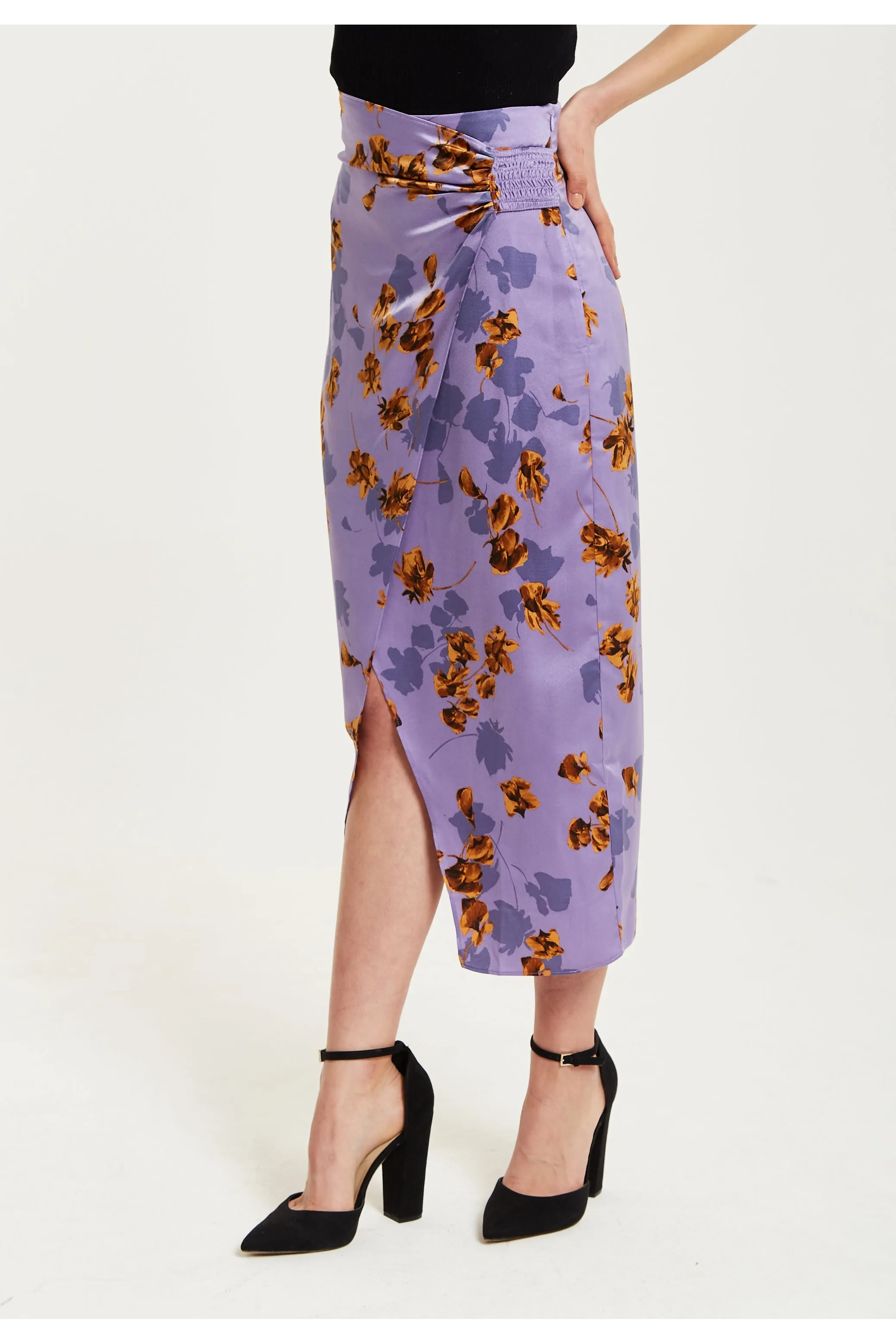 Purple Floral Midi Skirt With Ruching Detail by Liquorish sold by Goddiva product image thumbnail 3