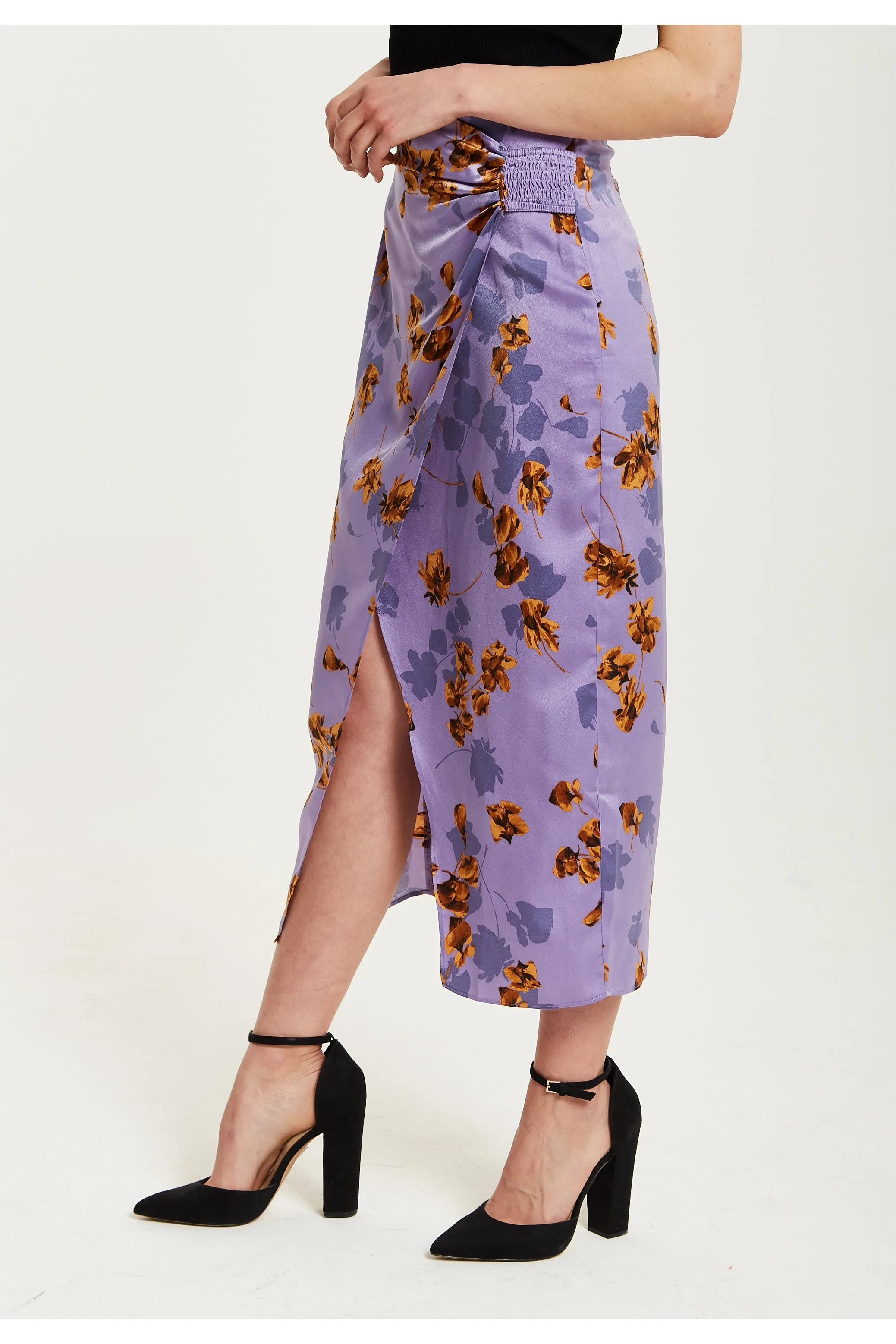 Purple Floral Midi Skirt With Ruching Detail by Liquorish sold by Goddiva product image thumbnail 4