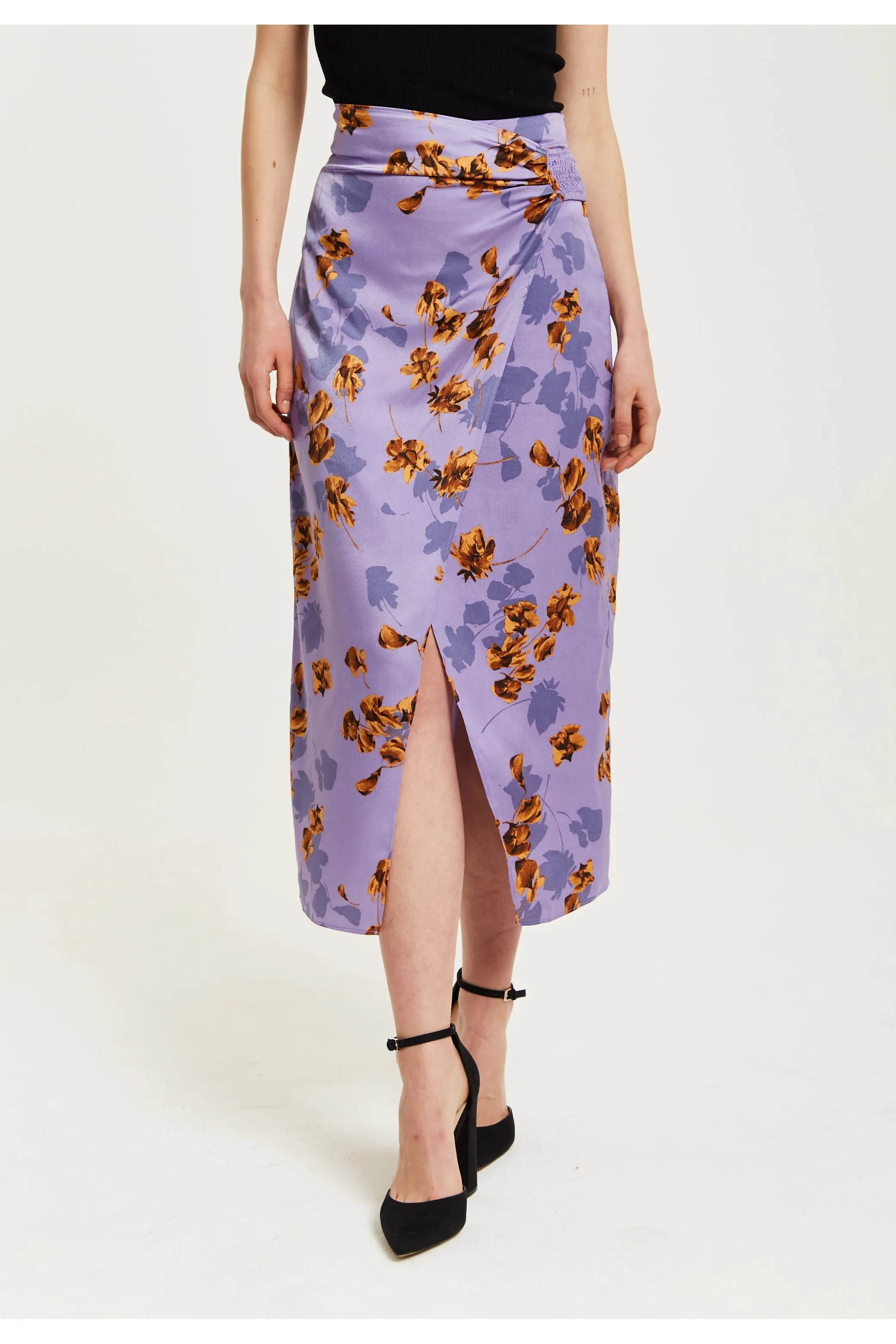 Purple Floral Midi Skirt With Ruching Detail by Liquorish sold by Goddiva