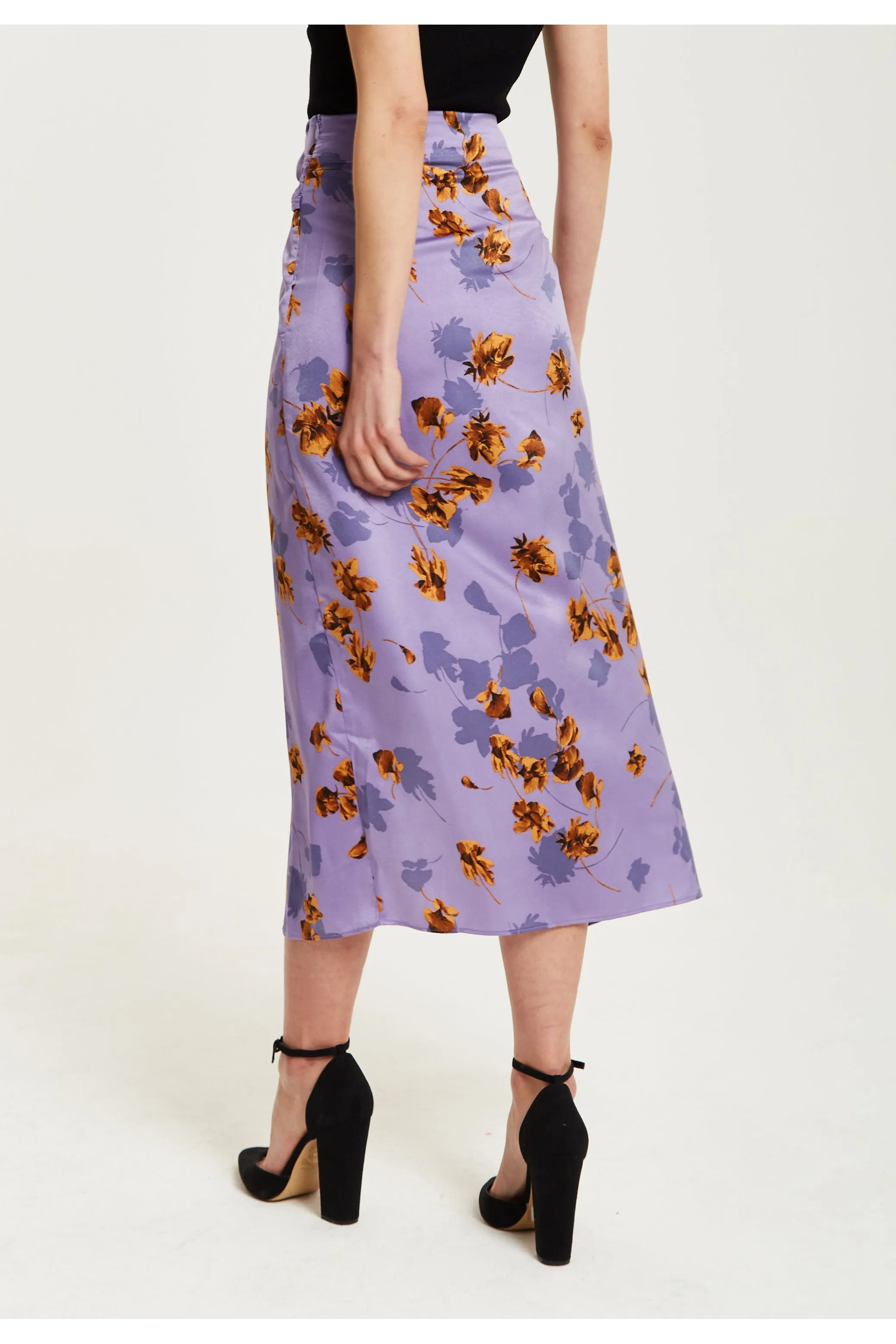Purple Floral Midi Skirt With Ruching Detail by Liquorish sold by Goddiva product image thumbnail 5