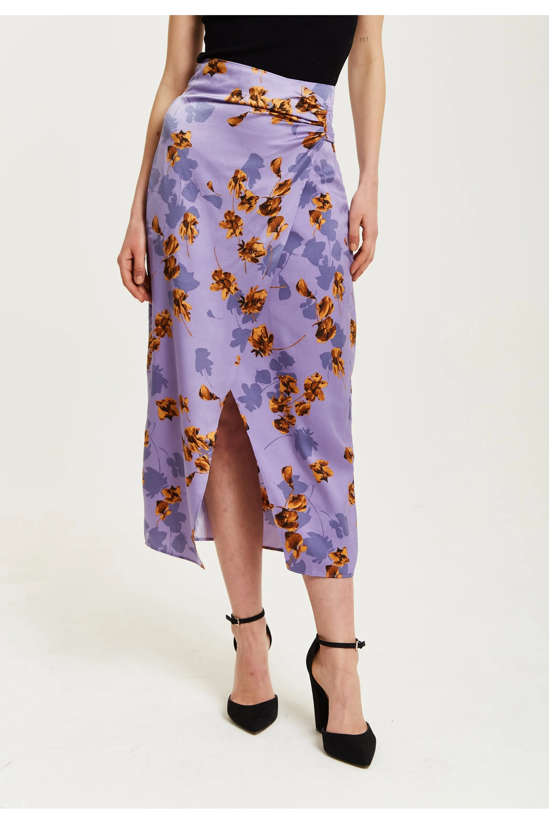 Purple Floral Midi Skirt With Ruching Detail by Liquorish sold by Goddiva product image thumbnail 2