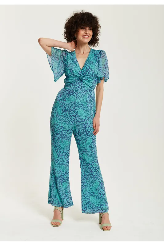 Liquorish Blue Animal Print Knot Front Jumpsuit sold by Goddiva