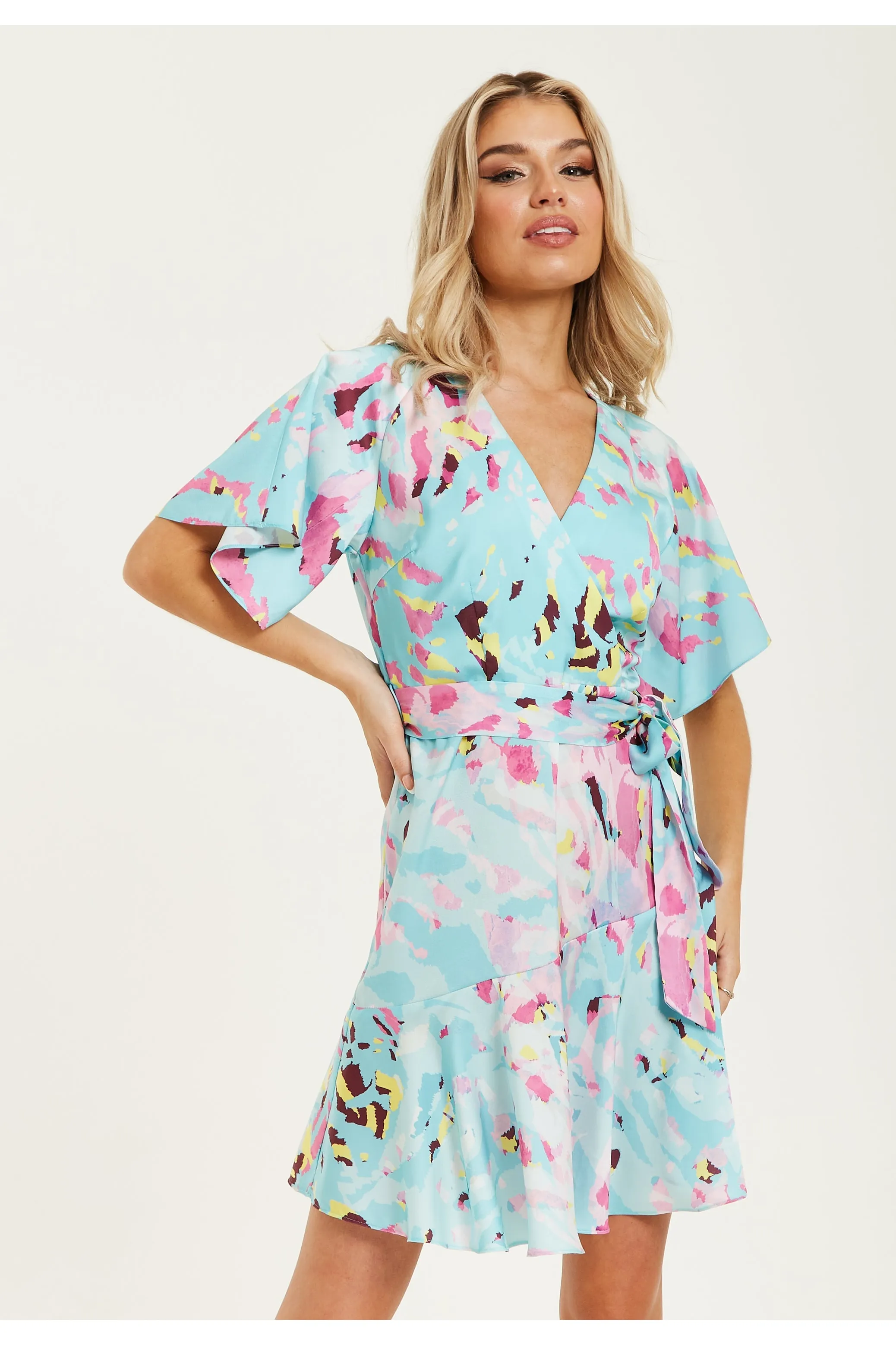 Liquorish Blue Abstract Print Mini Wrap Dress sold by Goddiva product image thumbnail 3