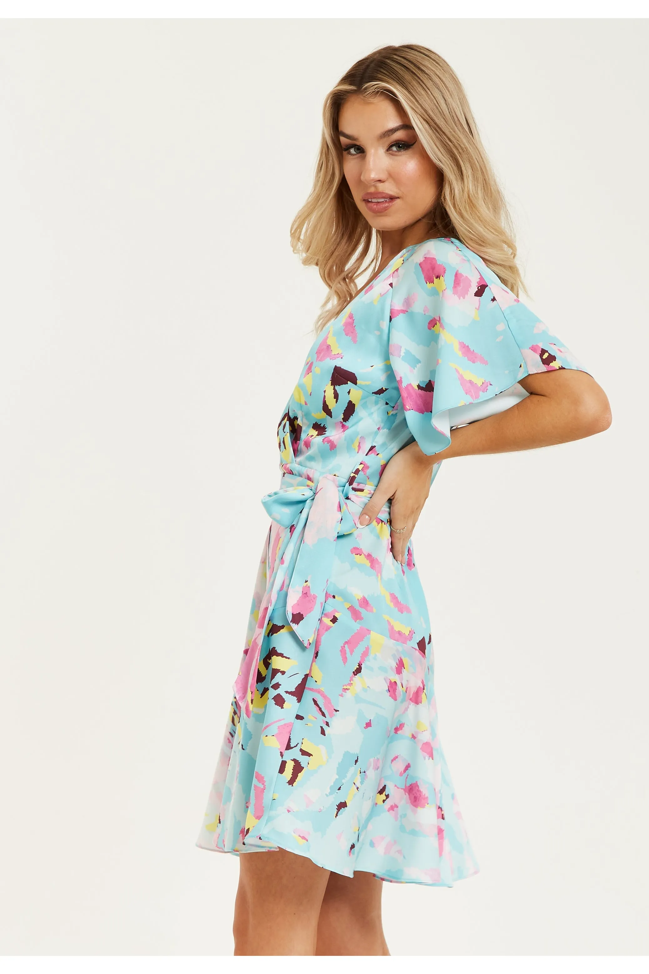 Liquorish Blue Abstract Print Mini Wrap Dress sold by Goddiva product image thumbnail 4