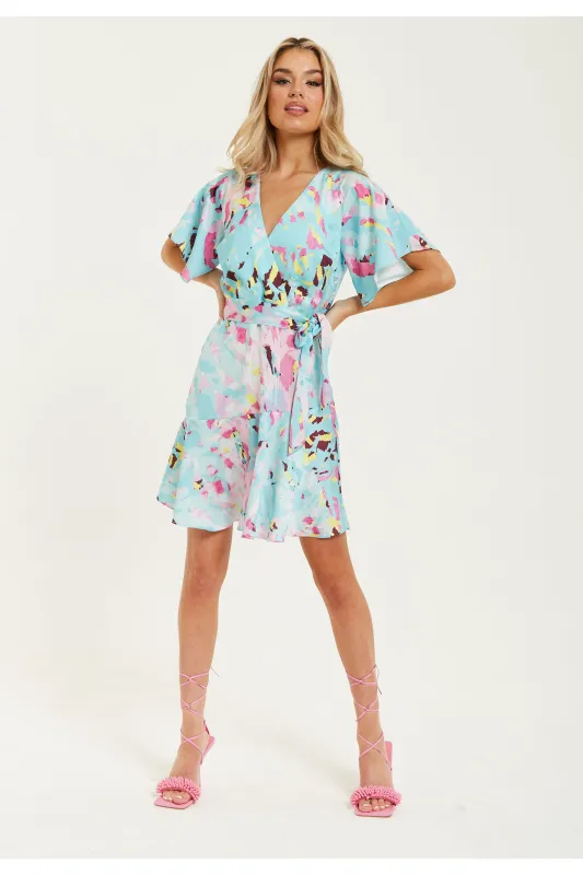 Liquorish Blue Abstract Print Mini Wrap Dress sold by Goddiva