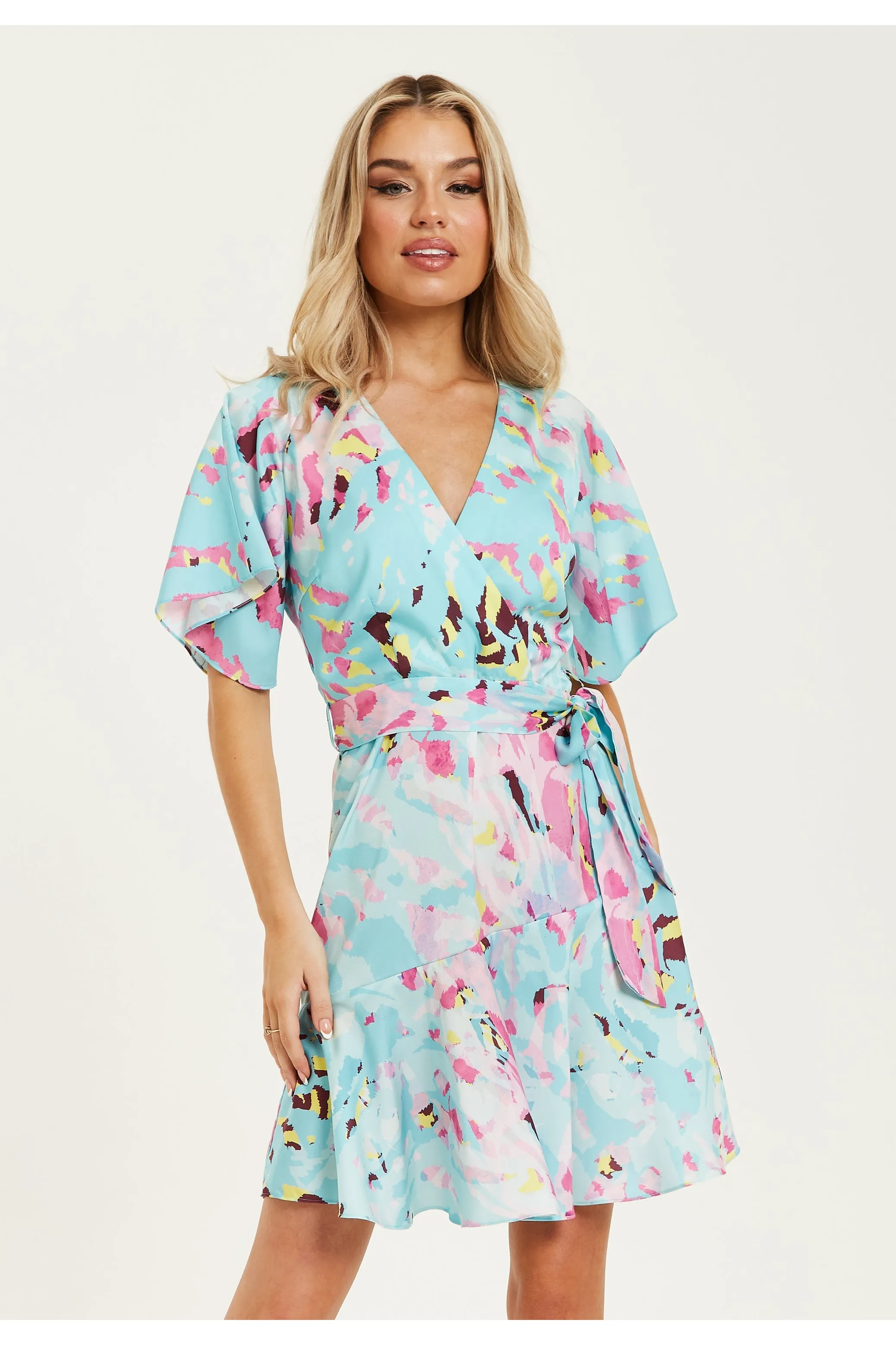 Liquorish Blue Abstract Print Mini Wrap Dress sold by Goddiva product image thumbnail 2