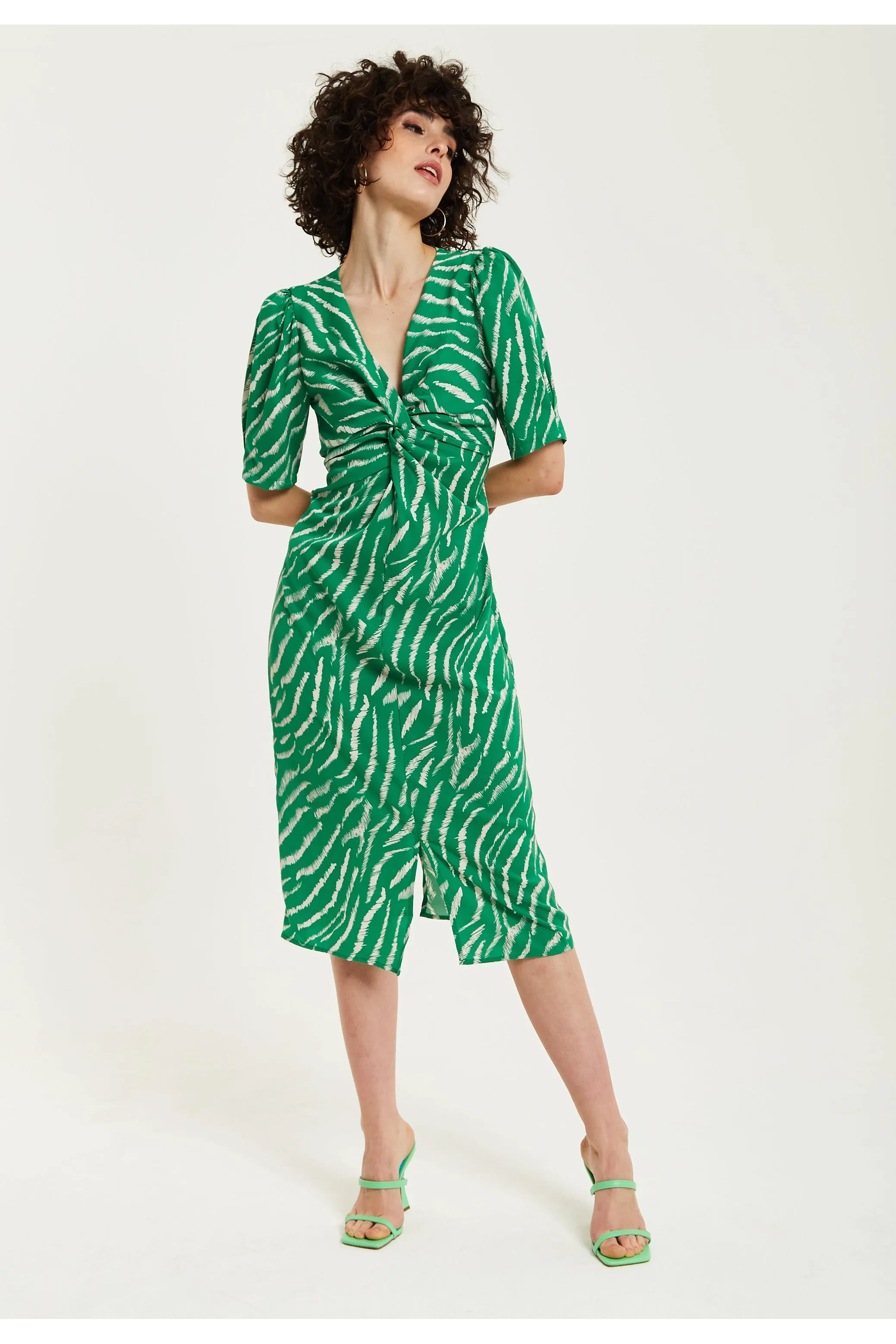 Green Zebra Print Knot Front Midi Dress by Liquorish sold by Goddiva product image thumbnail 3