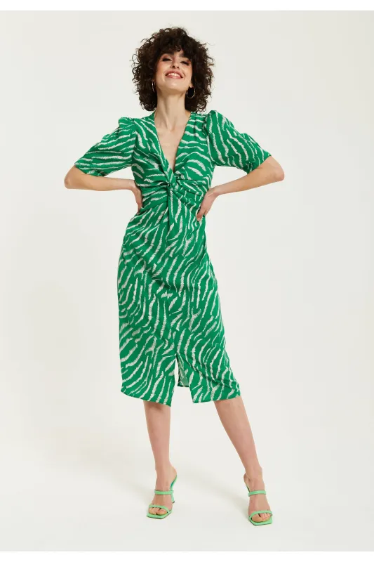 Green Zebra Print Knot Front Midi Dress by Liquorish sold by Goddiva
