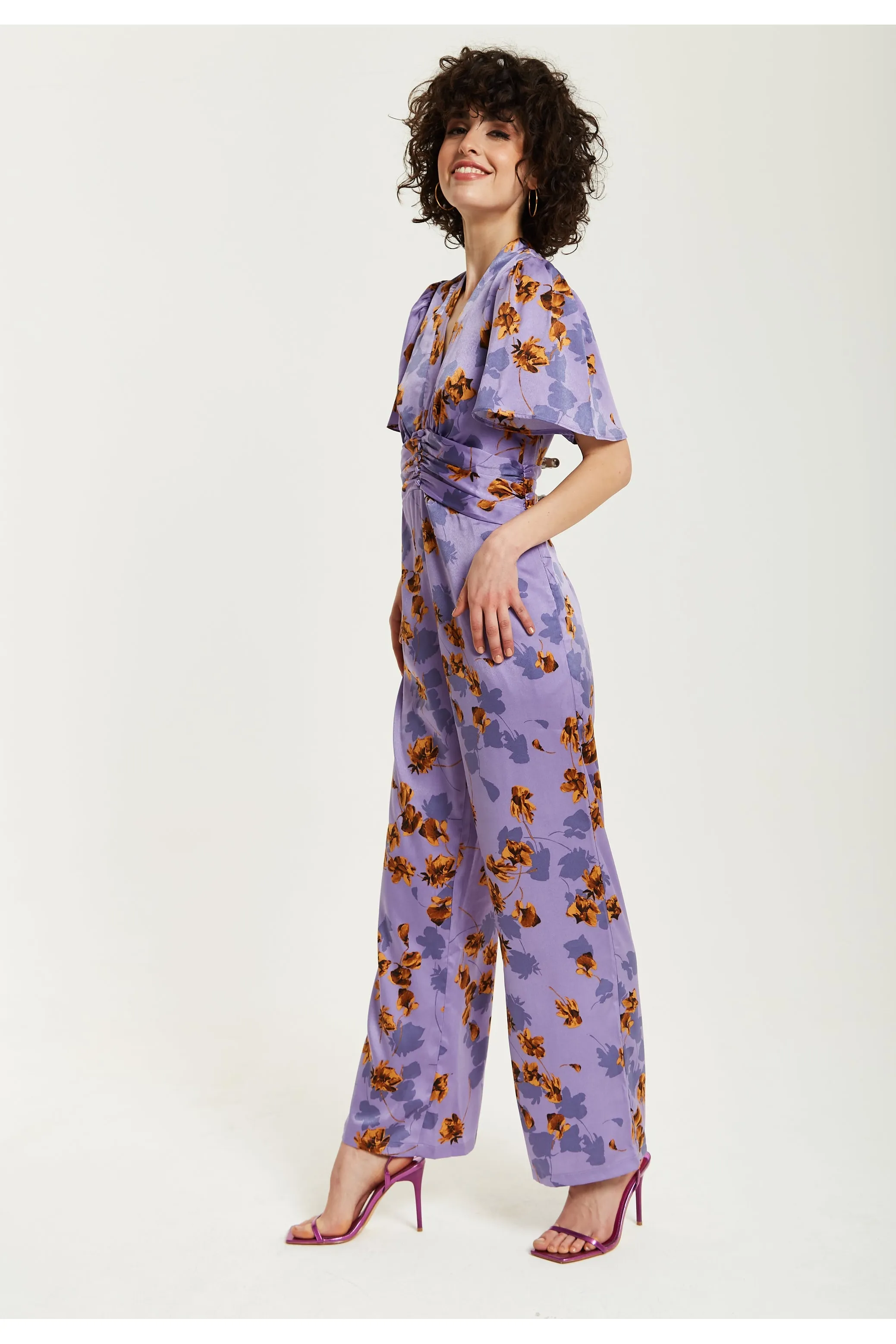 Purple Floral Wide Leg Jumpsuit With Angel Sleeves by Liquorish sold by Goddiva product image thumbnail 4