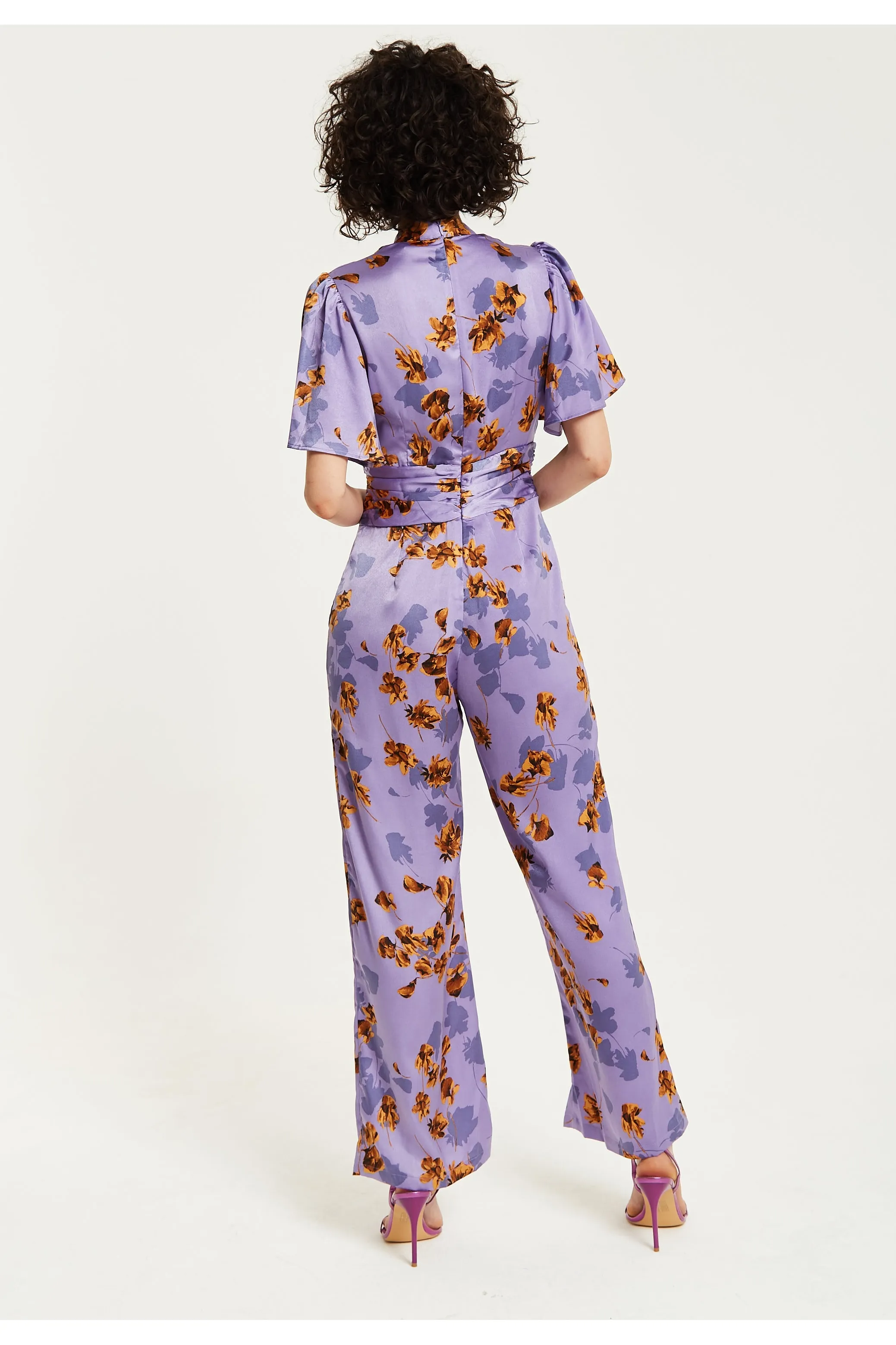 Purple Floral Wide Leg Jumpsuit With Angel Sleeves by Liquorish sold by Goddiva product image thumbnail 5