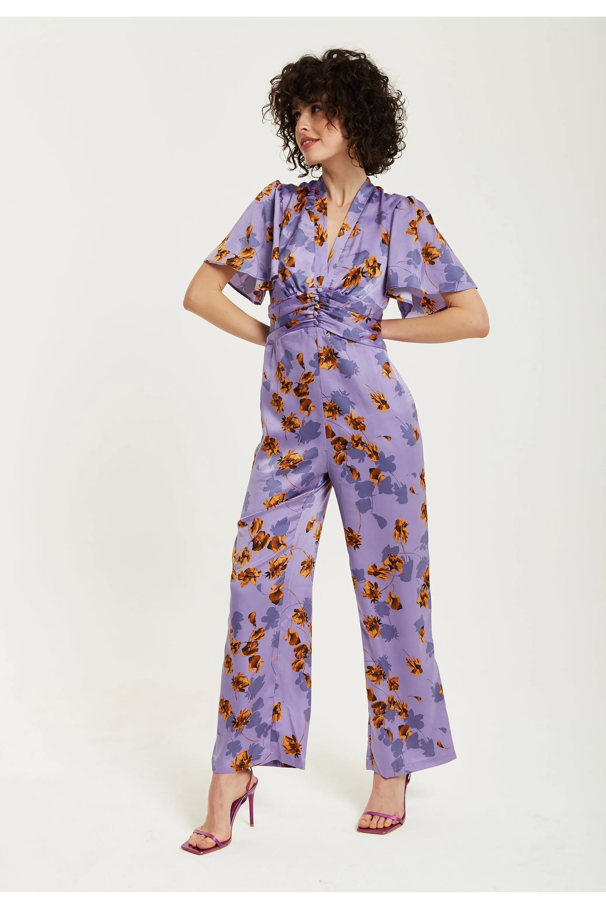Purple Floral Wide Leg Jumpsuit With Angel Sleeves by Liquorish sold by Goddiva product image thumbnail 2