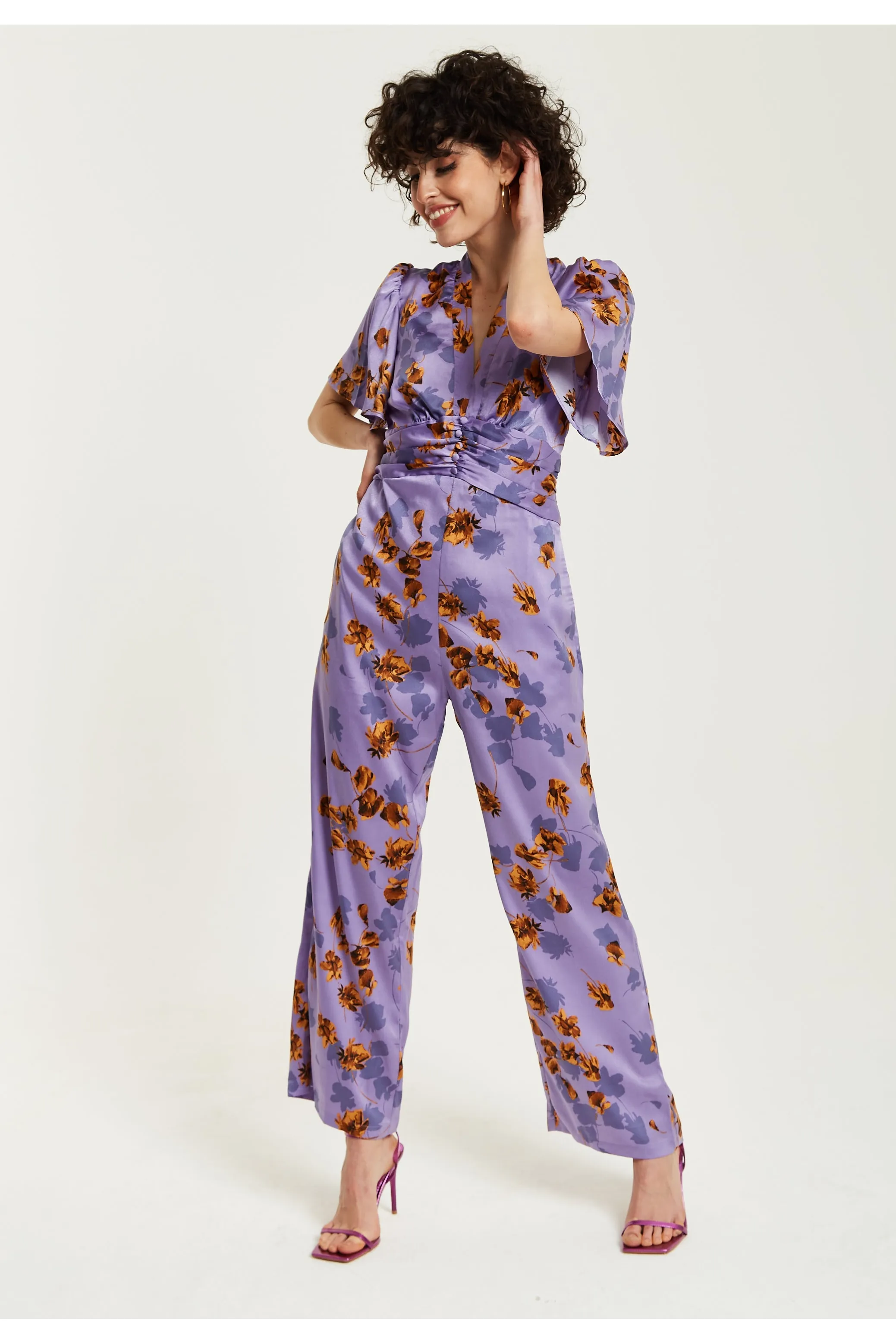 Purple Floral Wide Leg Jumpsuit With Angel Sleeves by Liquorish sold by Goddiva product image thumbnail 3