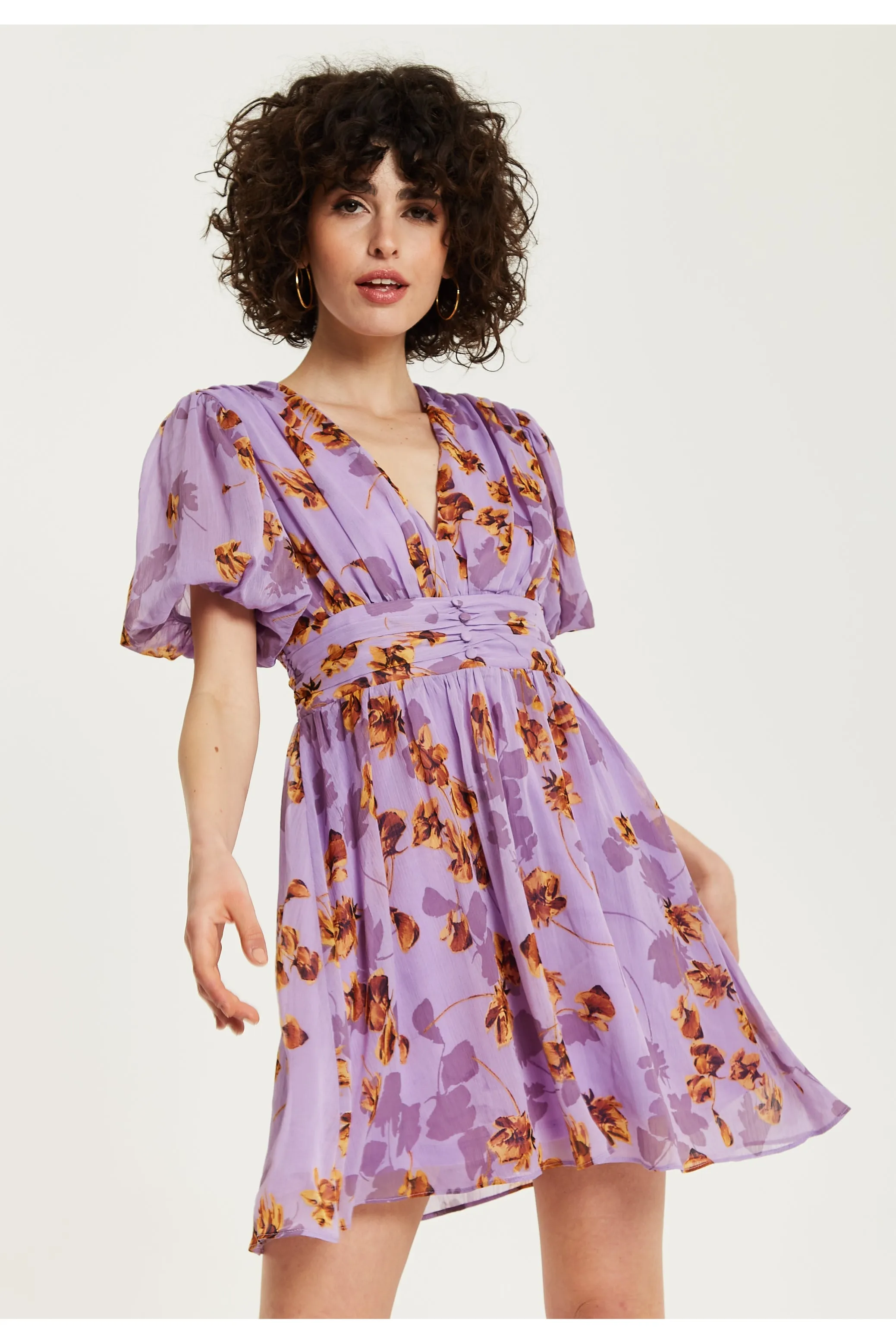 Liquorish Purple Floral V Neck Mini Dress sold by Goddiva product image thumbnail 3
