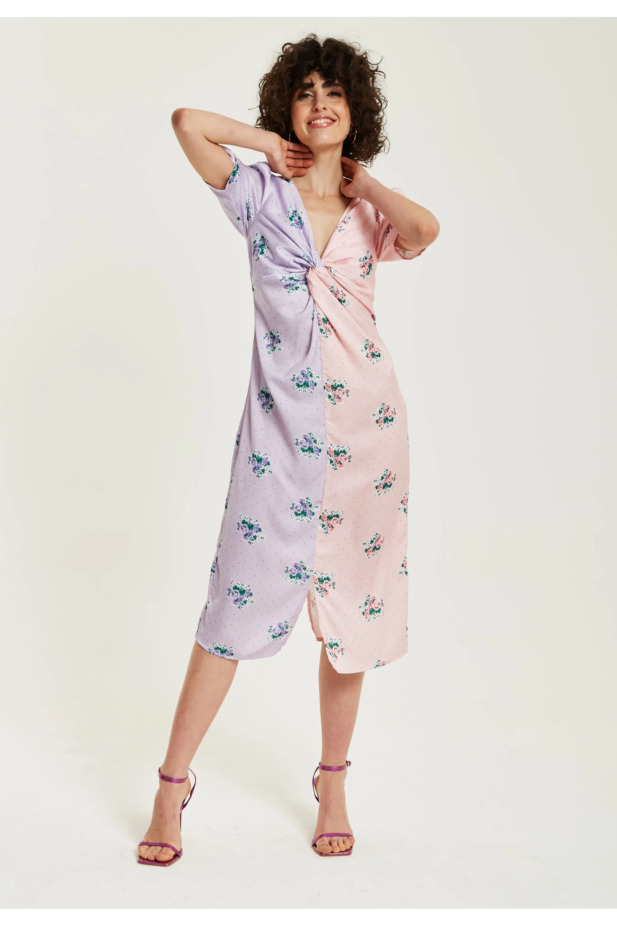 Liquorish Lilac And Pink Floral Knot Front Midi Dress sold by Goddiva product image thumbnail 2
