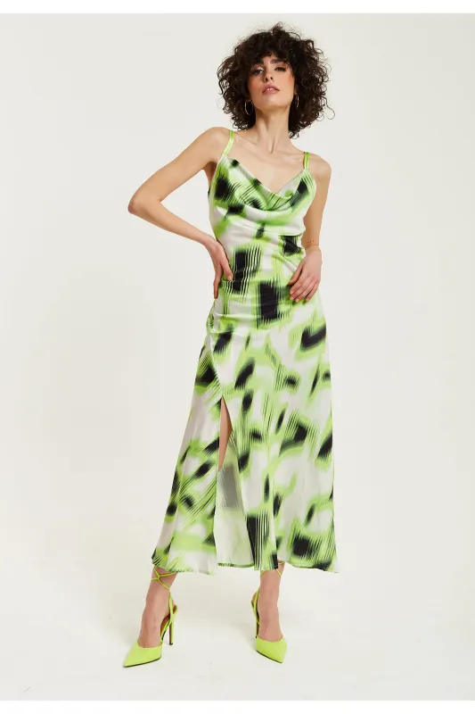 Liquorish Green And Black Abstract Print Cowl Neck Midi sold by Goddiva