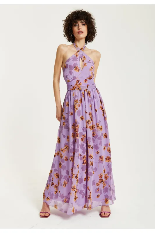 Purple Floral Halter Neck Dress by Liquorish sold by Goddiva