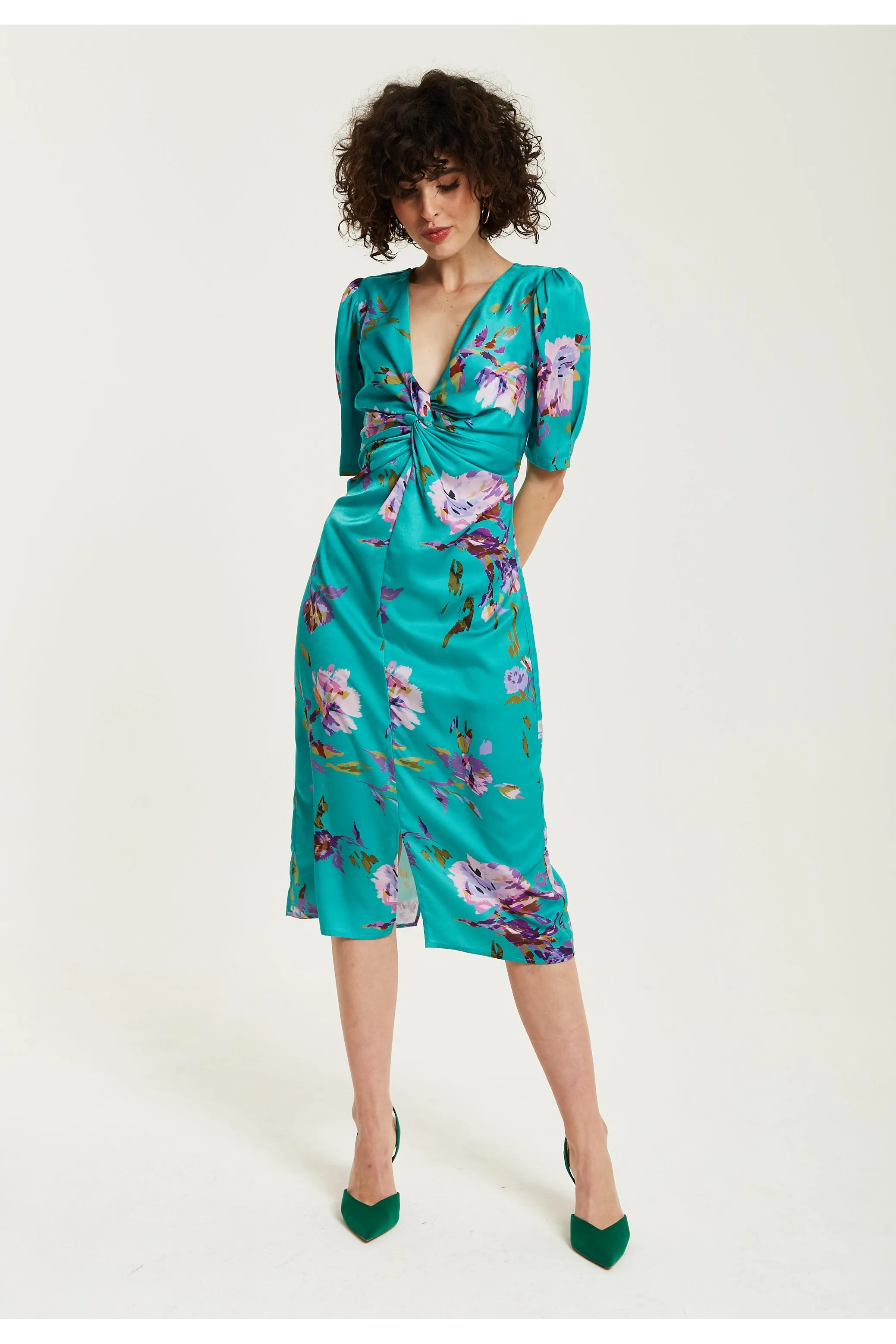 Green Floral Knot Front Midi Dress by Liquorish sold by Goddiva product image thumbnail 3